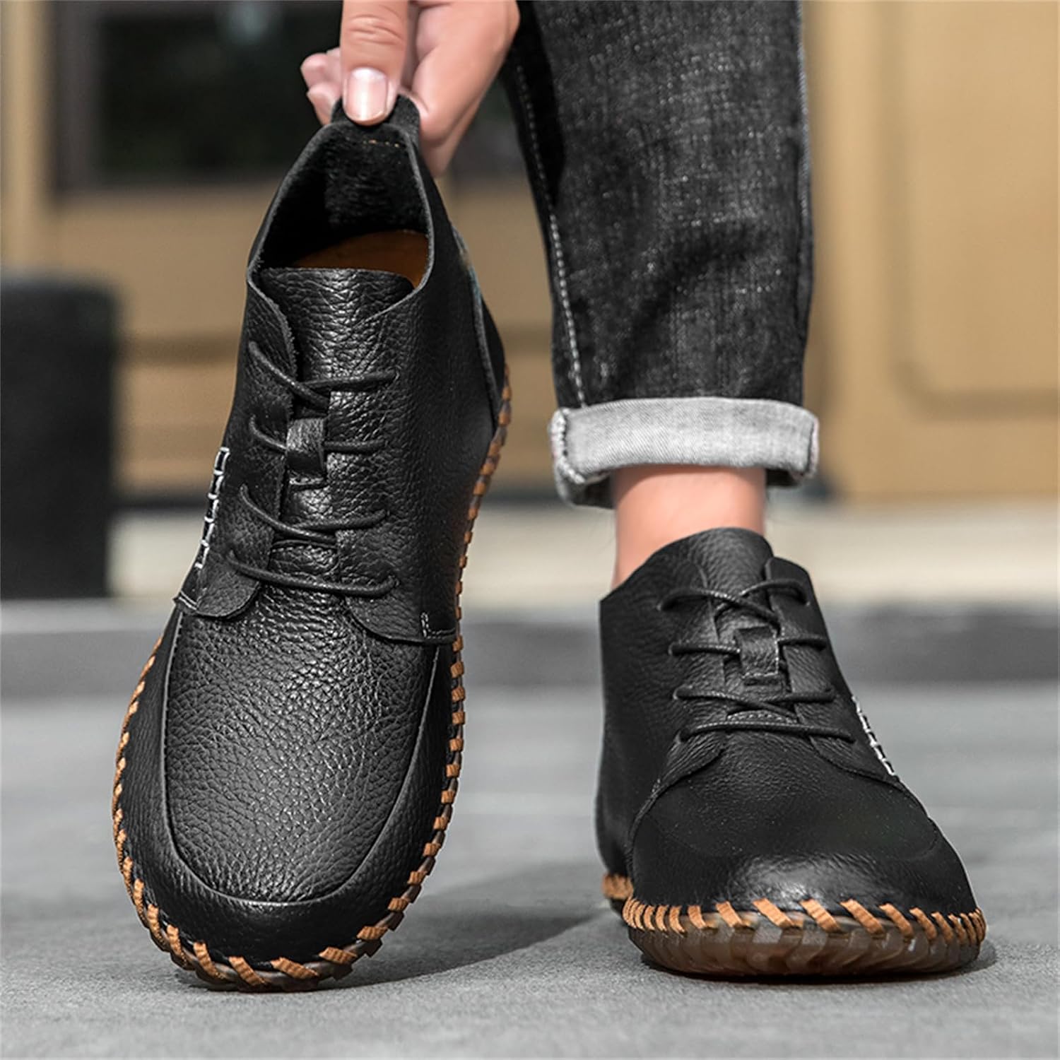 Men's Handmade Leather Lace Up Ankle Chukka Boots With Round Toe Low Heel Non Slip Flat Sole Breathable Footwear Ideal For Daily Driving Outdoor Walking Casual Social Events