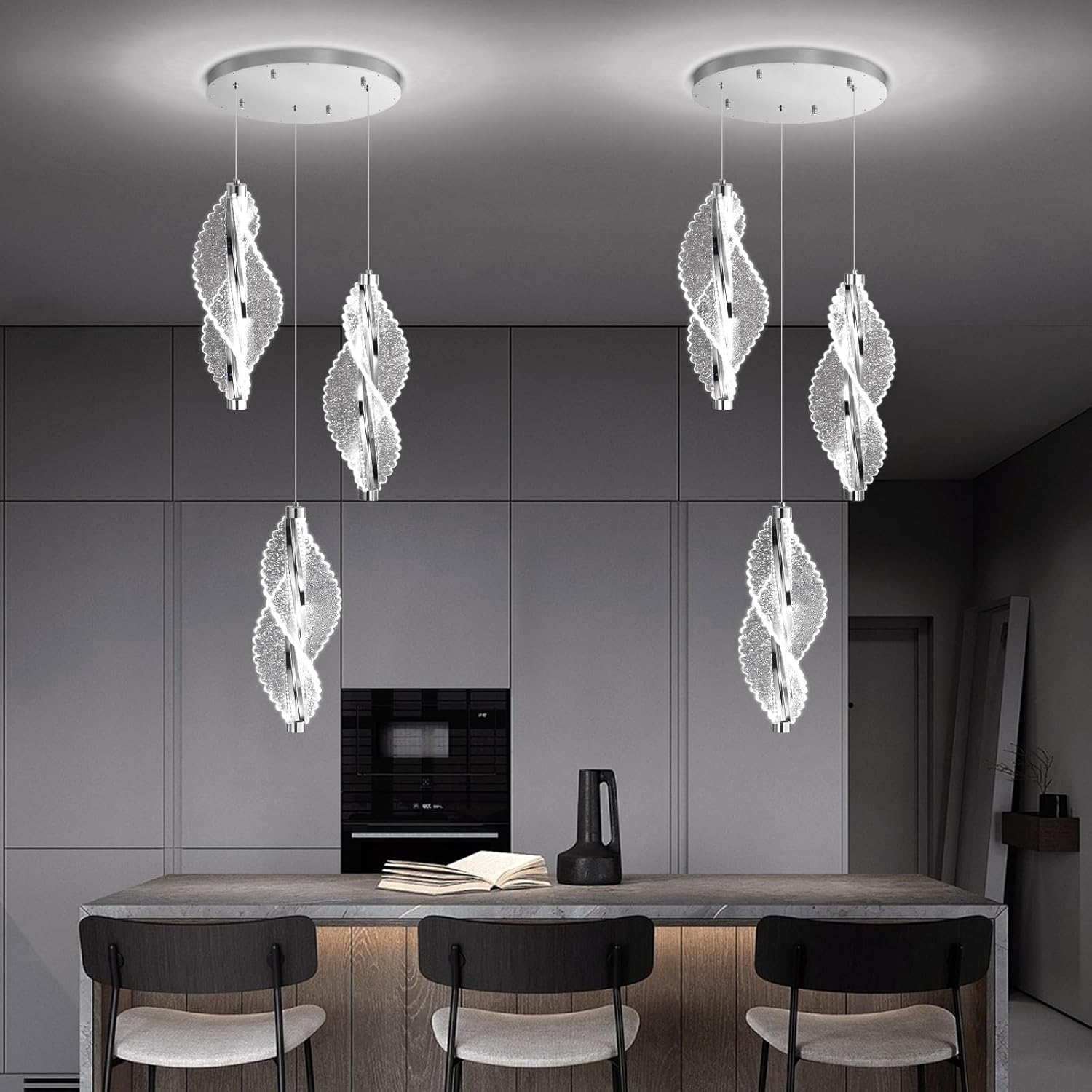 3 Lights Silver Pendant Light LED Dimmable Acrylic Hanging Lamp for Kitchen Island Dining Room Bedroom Living Room
