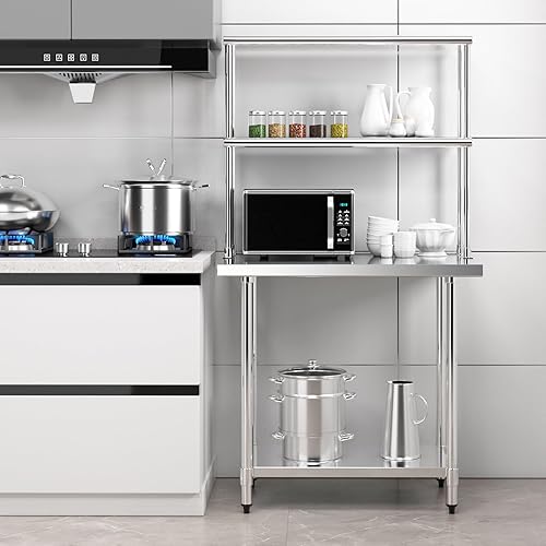 Miniatura 4 de Giantex Mesa de acero inoxidable con repisa, mesa de preparación de 36 x 24 pulgadas con estante superior de 36 x 12 pulgadas, estante superior de 2