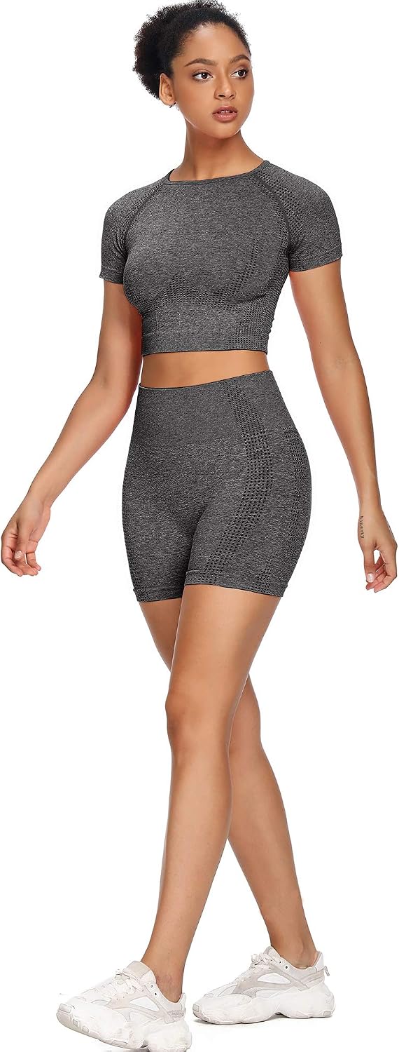 Women Seamless Yoga Outfits 2 Piece Set Workout Gym Shorts + Short Sleeve Crop Top