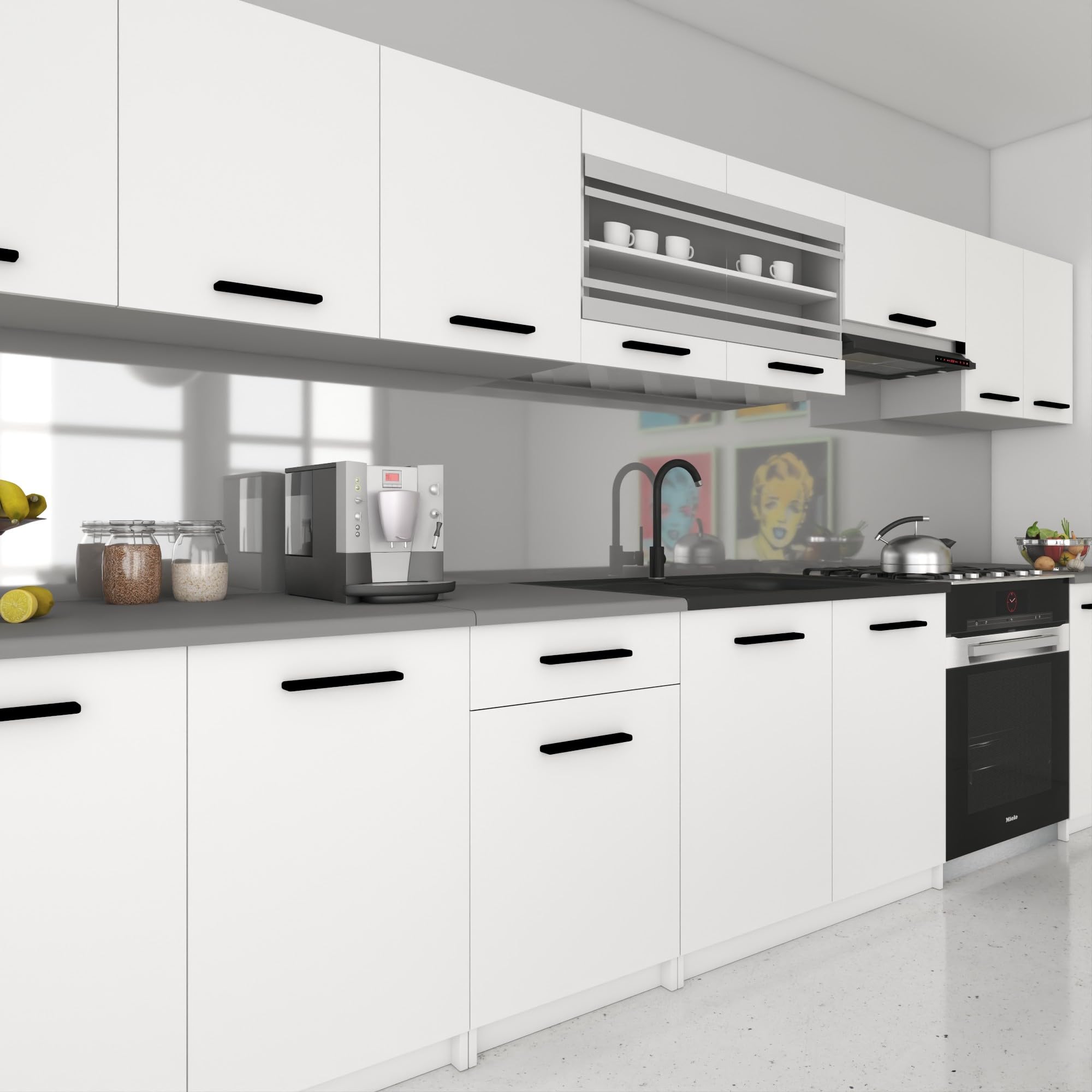 Belini Italia 3 Liniowa szafka kuchenna 320cm Biała Matowa | ECONATURA DECOR Liniowa szafka kuchenna, szafka, bez sprzętu AGD, z blatem roboczym