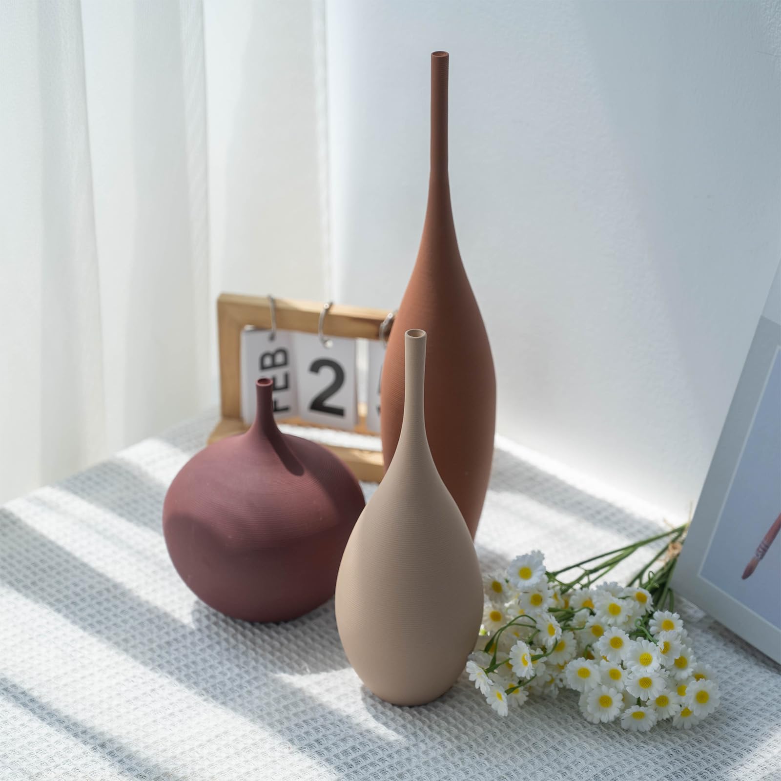 Relexome Ceramiczny nowoczesny wazon, zestaw 3 dekoracyjnych wazonów wiejskich, minimalistyczne, estetyczne wazony na elementy centralne, matowe, prążkowane, do dekoracji domu, stołu, przedpokoju
