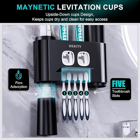 Toothbrush Holder,Multi-Functional Wall Mounted Toothbrush Holder,Toothpaste Dispenser for Bathroom with 2 Toothpaste Squeezers,5 Toothbrush Slots and 4 Cups(Black)