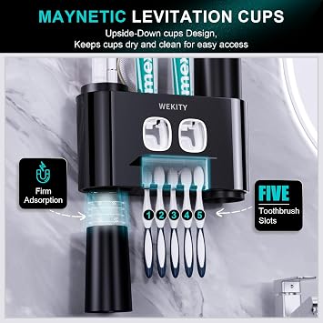 Toothbrush Holder,Multi-Functional Wall Mounted Toothbrush Holder,Toothpaste Dispenser for Bathroom with 2 Toothpaste Squeezers,5 Toothbrush Slots and 4 Cups(Black)