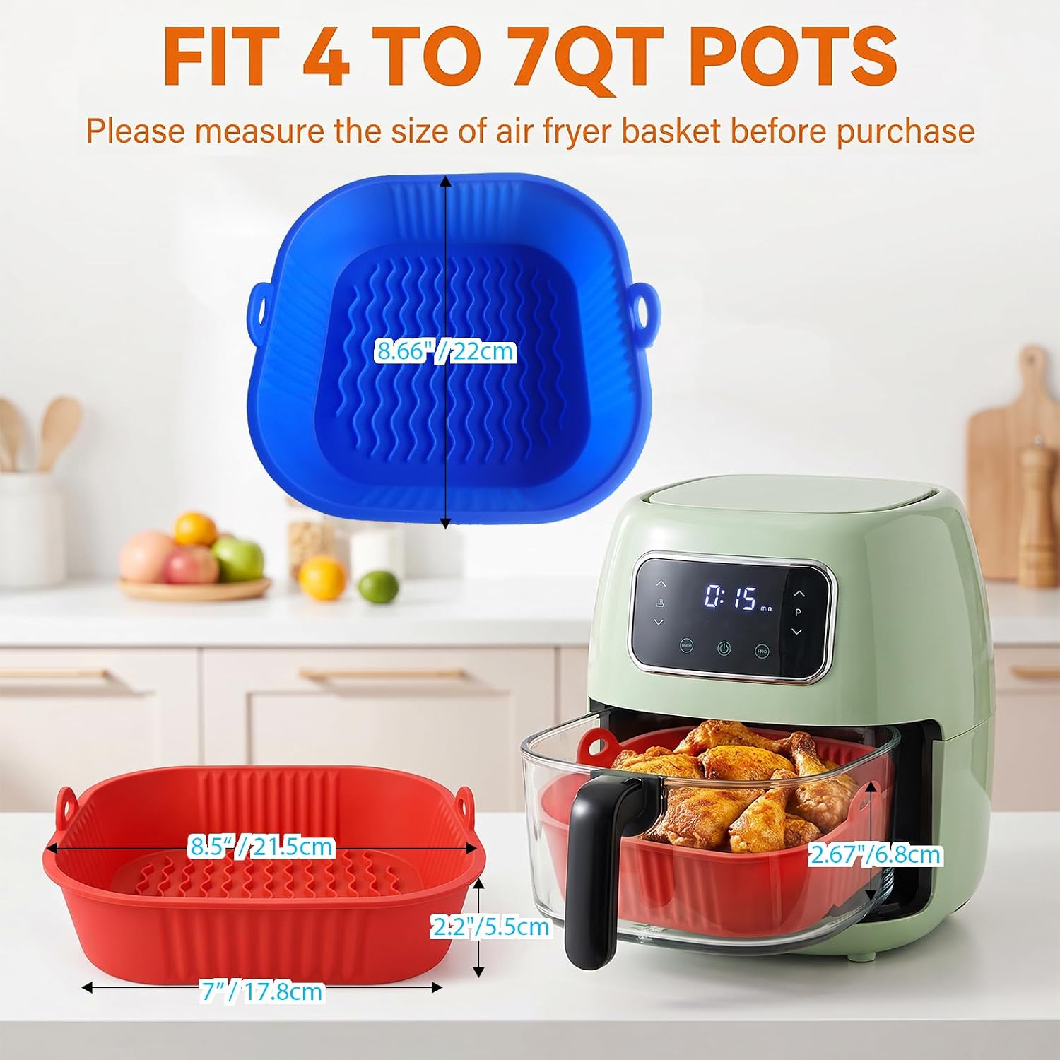 Square Silicone Air Fryer Liners, 2 Pack Reusable Liners for 4-7 QT Basket