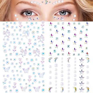 4 Sheets Face Hair Gems, Rhinestone Star Moon Butterfly Flower Face Jewels Stickers, Waterproof Crystal Eye Body Gems for Women, Self-Adhesive Rave Accessories for Crafts, Parties