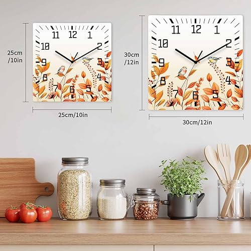 Miniatura 6 de Reloj de pared de madera con diseño de flores silvestres otoñales, silencioso, sin tictac, con pájaros botánicos naranjas, funciona con pilas, reloj