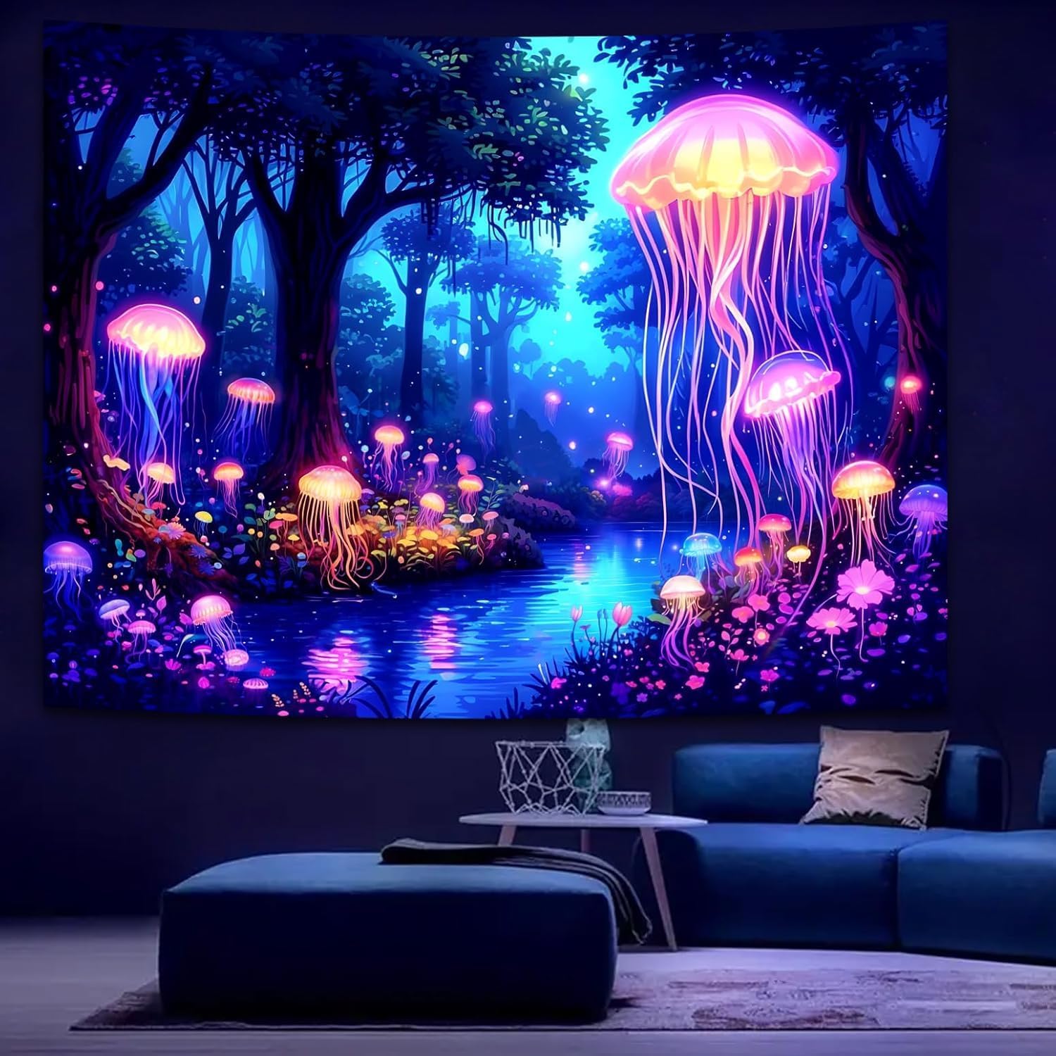 Manicer Blacklight Jellyfish Forest Tapestry – UV Reactive Fantasy Underwater Jellyfish in Enchanted Forest, Glow in the Dark Neon Nature Art Wall Hanging for Bedroom, Living Room – 70.9" x 90.6"