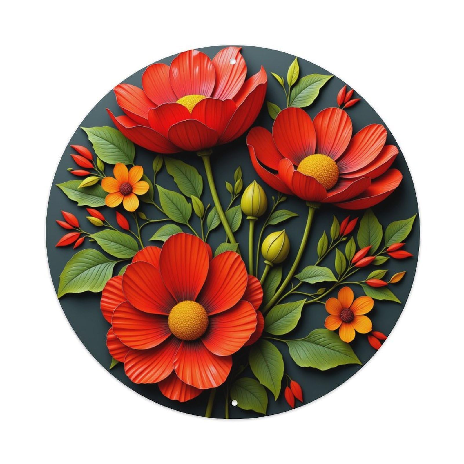 Red Flowers Green Leaves Yellow Centers Round Tin Sign Retro Metal Sign for Cafe Bar Pub Home Game Room Gym Club Wall Decoration Vintage Metal Poster 8x8 Inch