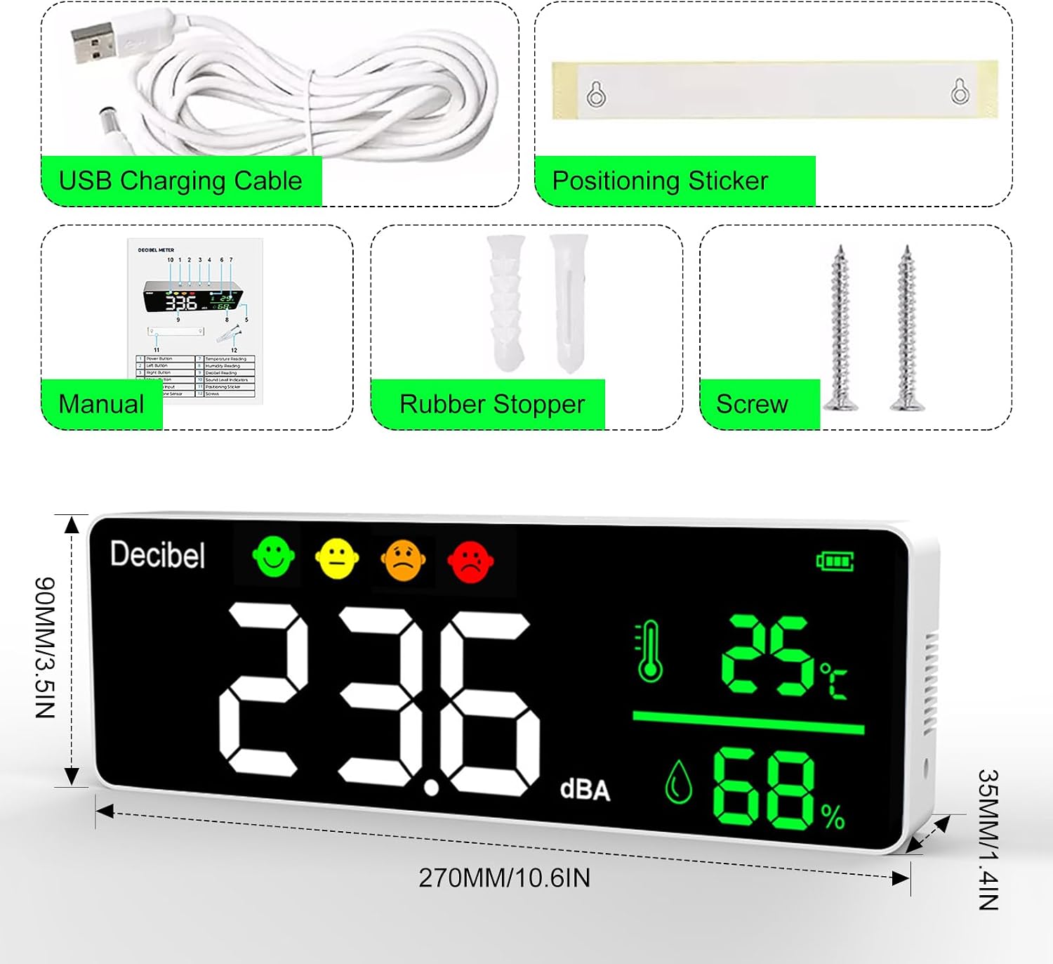Decibel Meter Wall Hanging Sound Level Meter,5-in-1 Classroom Noise Meter Large LED Display Noise+Time+Temperature & Humidity Meter for Home, Studio, Factory, Classroom Noise Meter