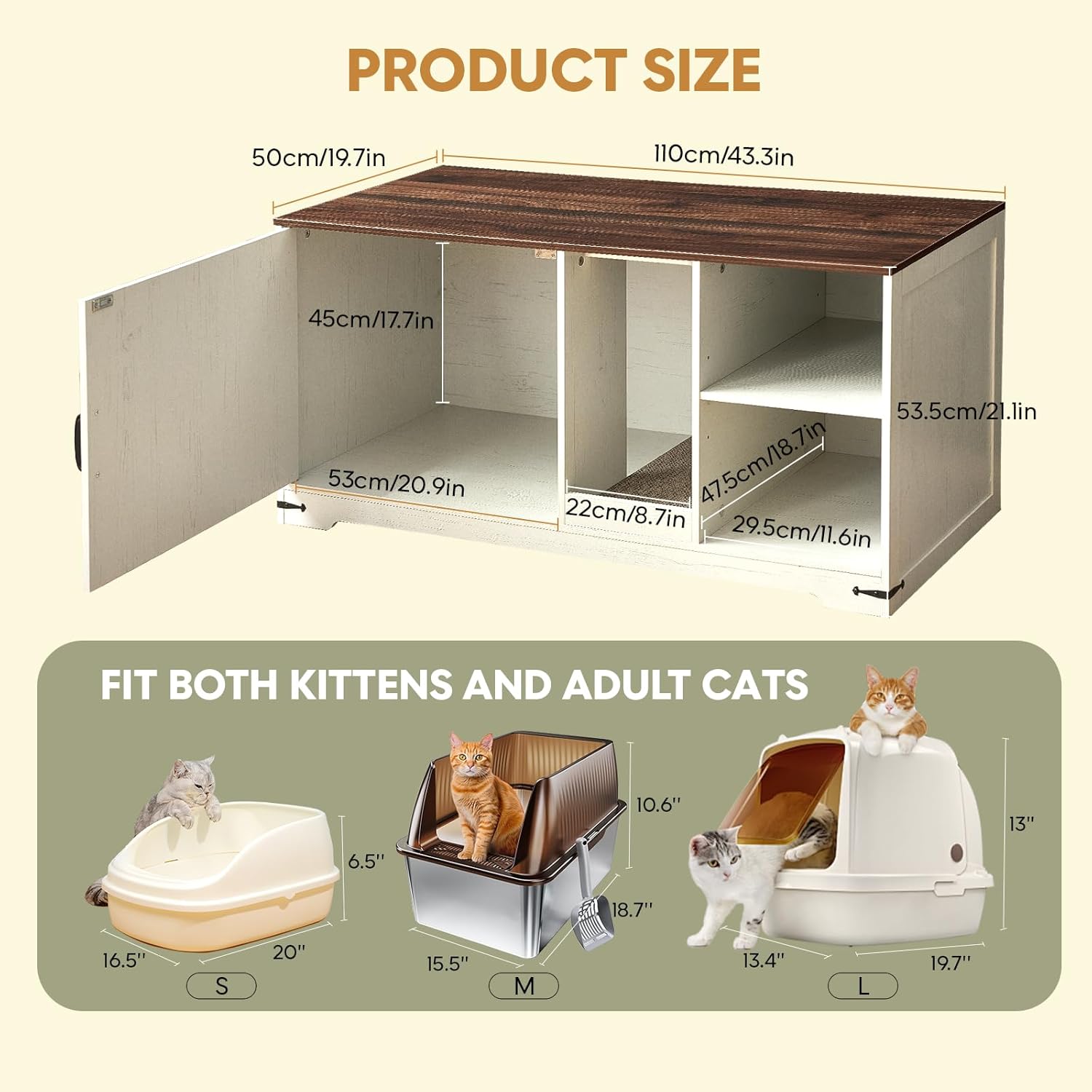 Cat Litter Box Enclosure, 43" Farmhouse Litter Box Furniture with Storage, Lights, Cardboard, Indoor TV Stand Wood Cat House Washroom End Side Table, White