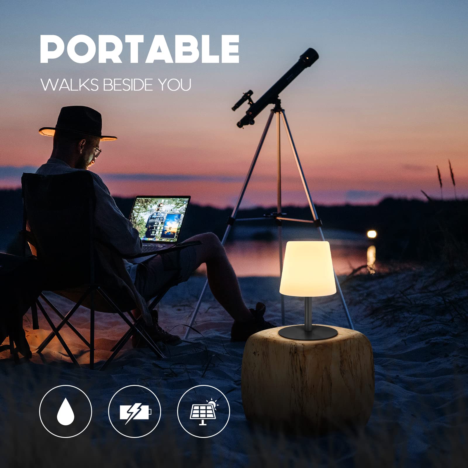 uuffoo Lampada da Tavolo Solare Esterna Ricarica Solare 2-in-1 e USB, Regolabile RGB 7 Colori, Lampada Senza Fili IP44 Ricaricabile, Luce Solare per Terrazzo, Campeggio, Giardino (Nero