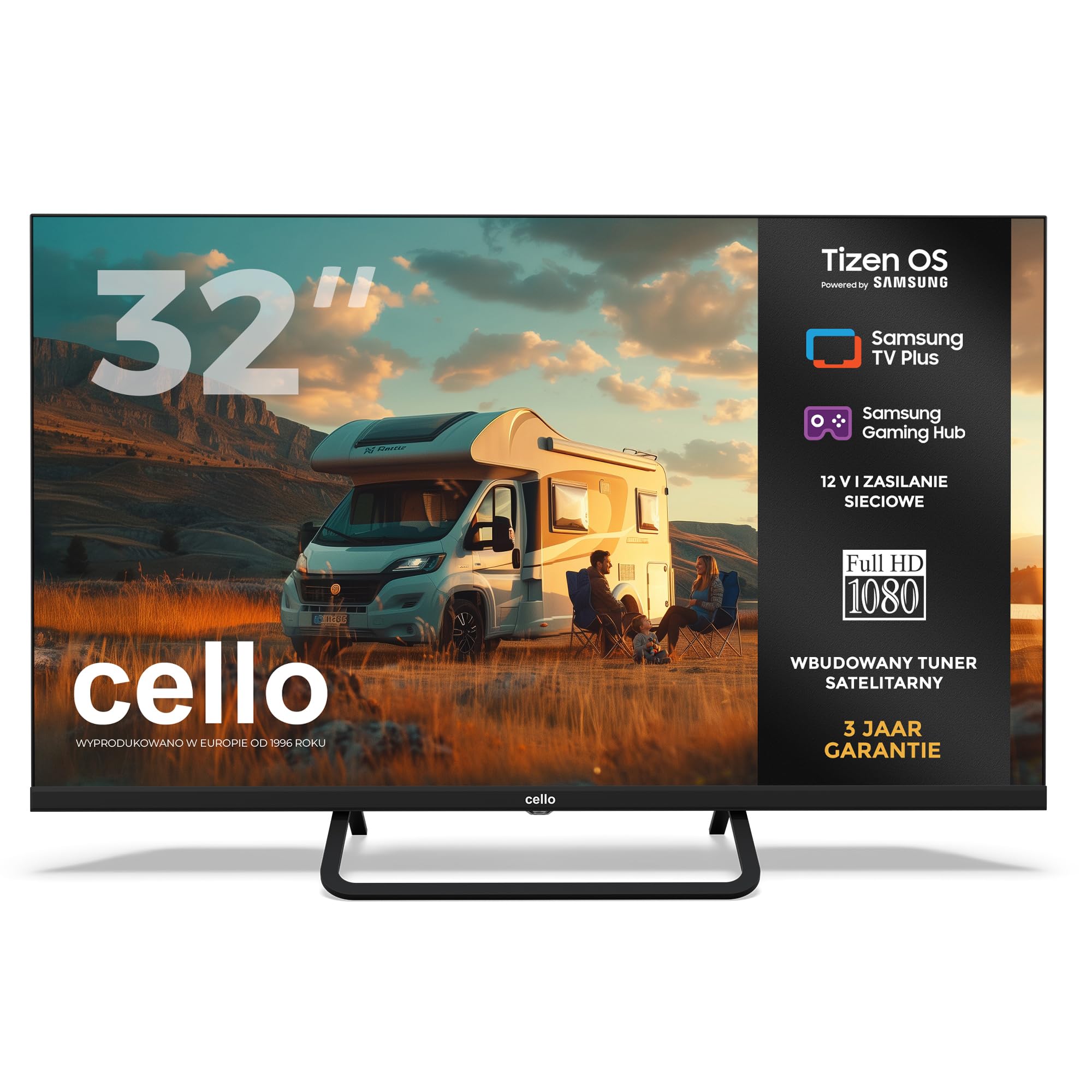 Cello CTRAV-32TZ Smart TV LED 32" bezramkowy 12V z systemem Tizen OS, gry w chmurze, głośniki Pitch Perfect, HDMI, Bluetooth, potrójny tuner