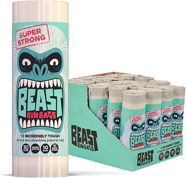 BEAST BIN BAGS - 30L - Mega Pack (200 Bags) - Incredibly Tough Tall and Slim Drawstring Pedal White Bin Bags