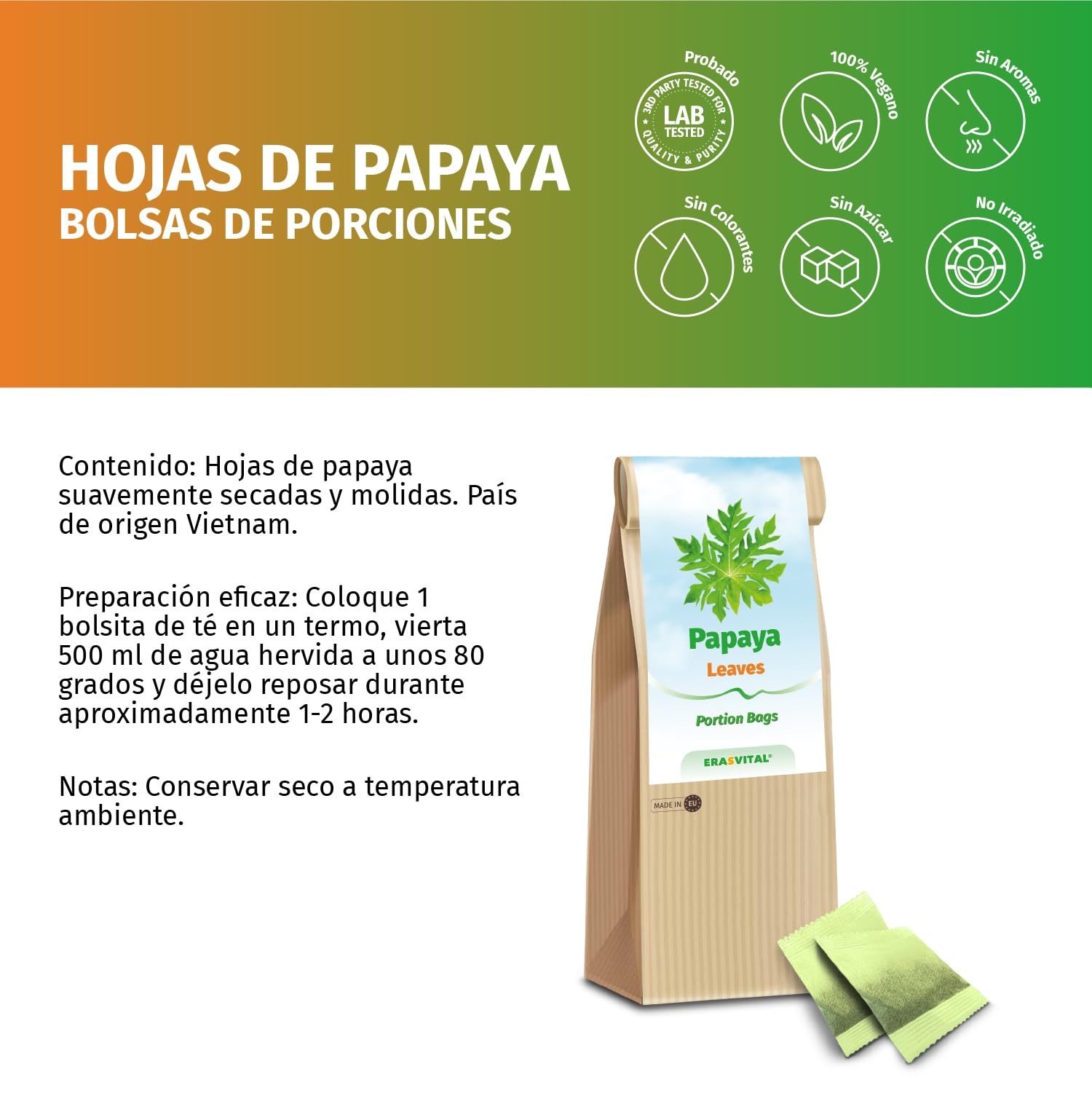Papaya-Blätter und Papaya-Stängel gemahlen und portioniert im Filterbeutel ohne weitere Zusatzstoffe in Portionsbeutel (120 stück (1er Pack))