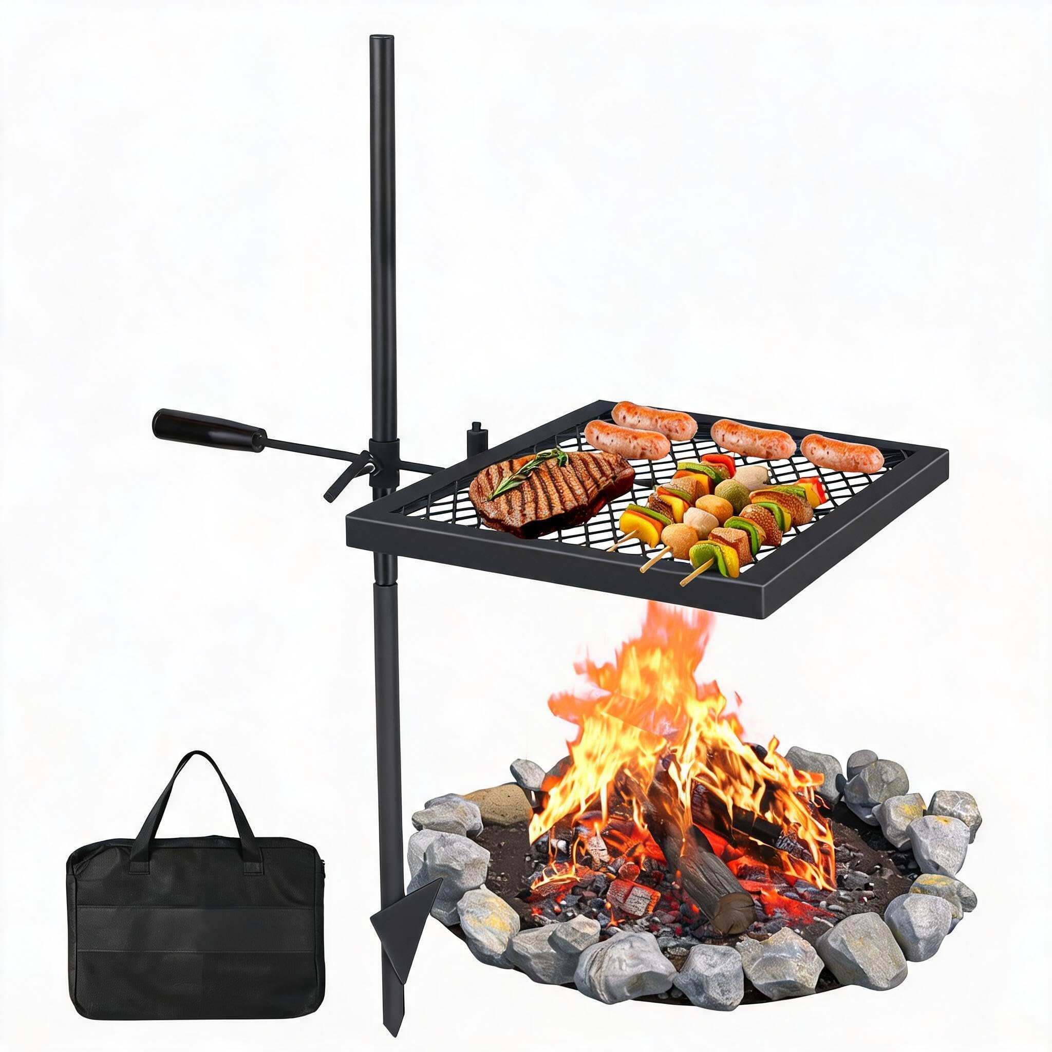 GarveeMore Swivel Campfire Grill 16x16" – Heavy-Duty Adjustable Height Fire Pit BBQ Rack – Portable 360° Rotating Stainless Steel Grate with Carry Bag – Outdoor Vertical Grill, One Baking Tray Two