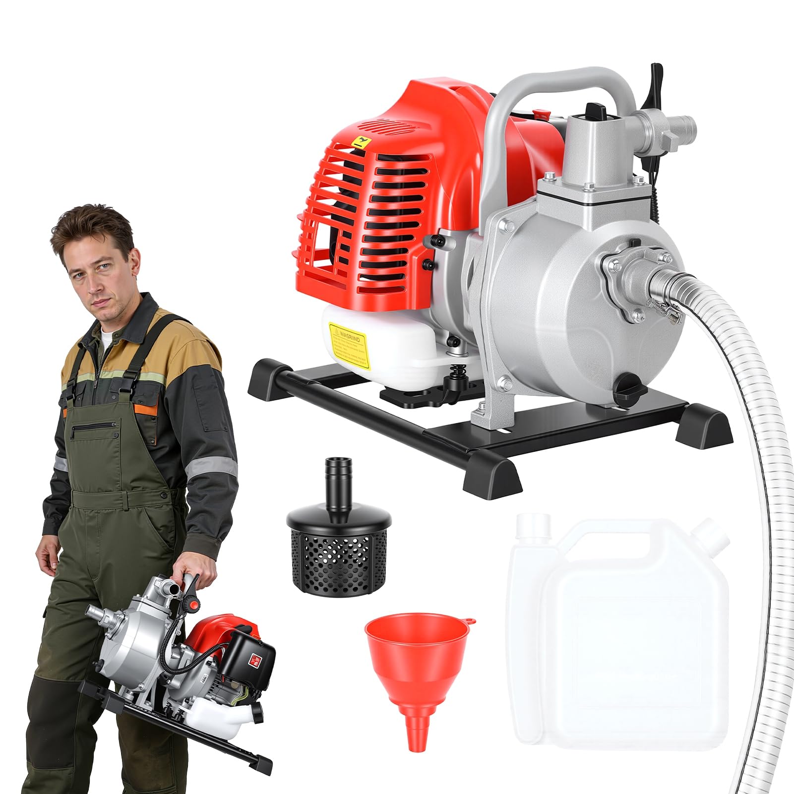 Motopompe Thermique 42.5CC (1.25 kW) - Pompe à Eau Thermique à Essence 9756 L/h (30m) - Pompe de Surface, Arrosage Jardin et Vide Piscine pour Irrigation Agricole Rouge