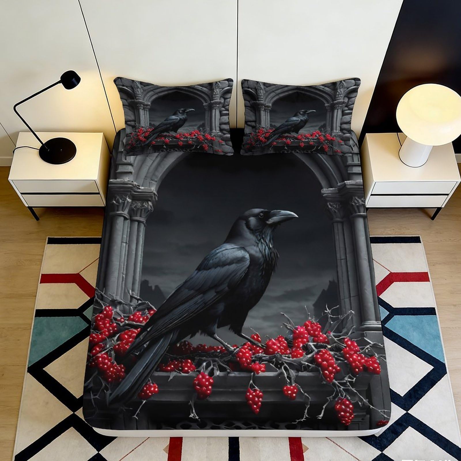 3D Printed Gothic Raven Fitted Sheet Microfiber Durable Soft Black Red Bed Cover for Bedroom Dormitory Guest Room Mattress Protection 140x200x25cm