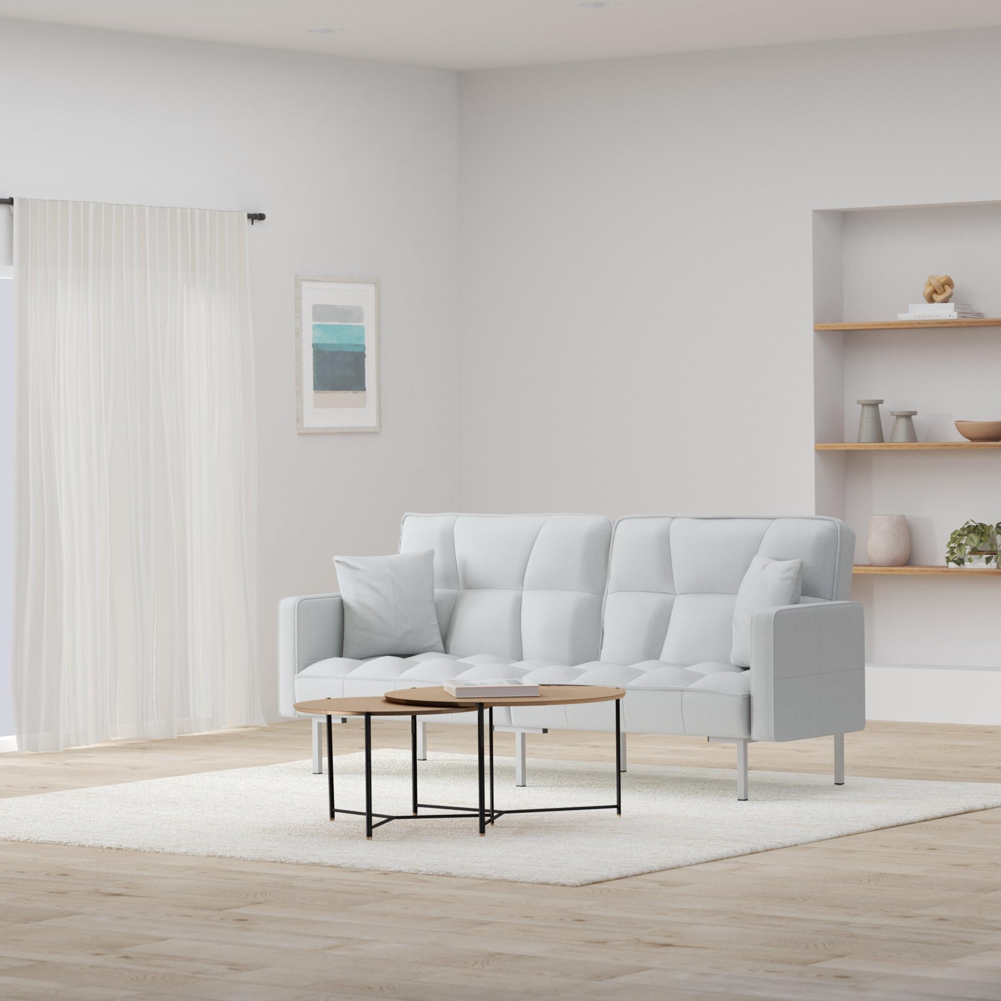 Best Choice Products Convertible Linen Fabric Tufted Split-Back Plush Futon Sofa Furniture for Living Room, Apartment, Bonus Room, Overnight Guests w/ 2 Pillows, Wood Frame, Metal Legs - Light Gray