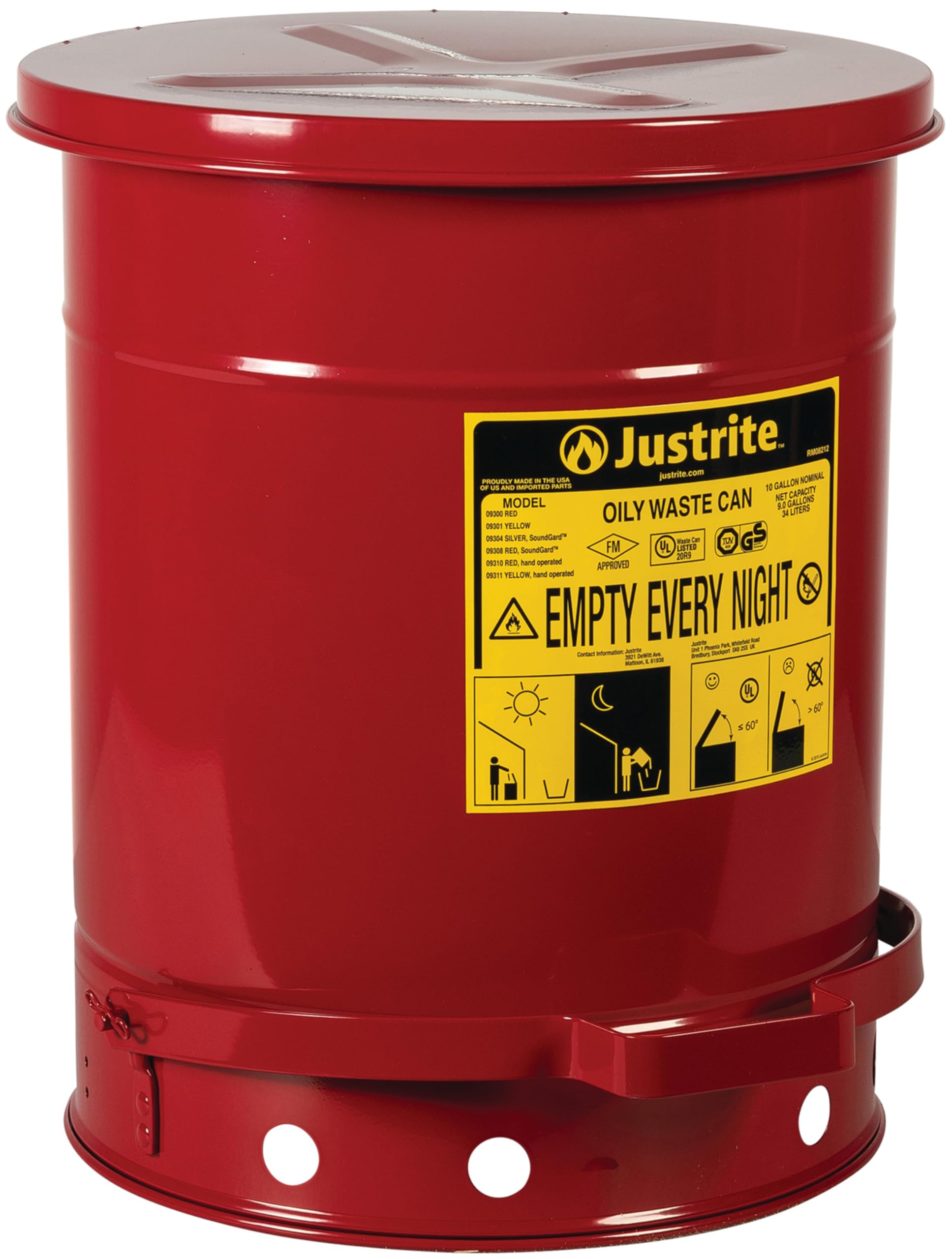 Justrite 09308 SoundGuard Galvanized Steel Oily Waste Safety Can with Foot Operated Cover, 10 Gallon Capacity, Red