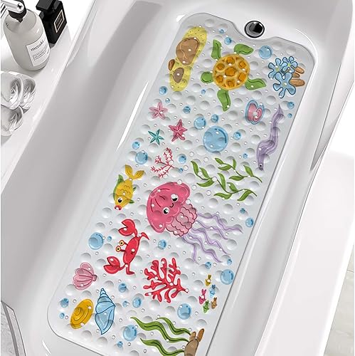 Miniatura 1 de Tapetes para bañera para niños, antideslizantes, de dibujos animados, grandes, lavables, con agujeros de drenaje y ventosas (medusa, 40 x 16