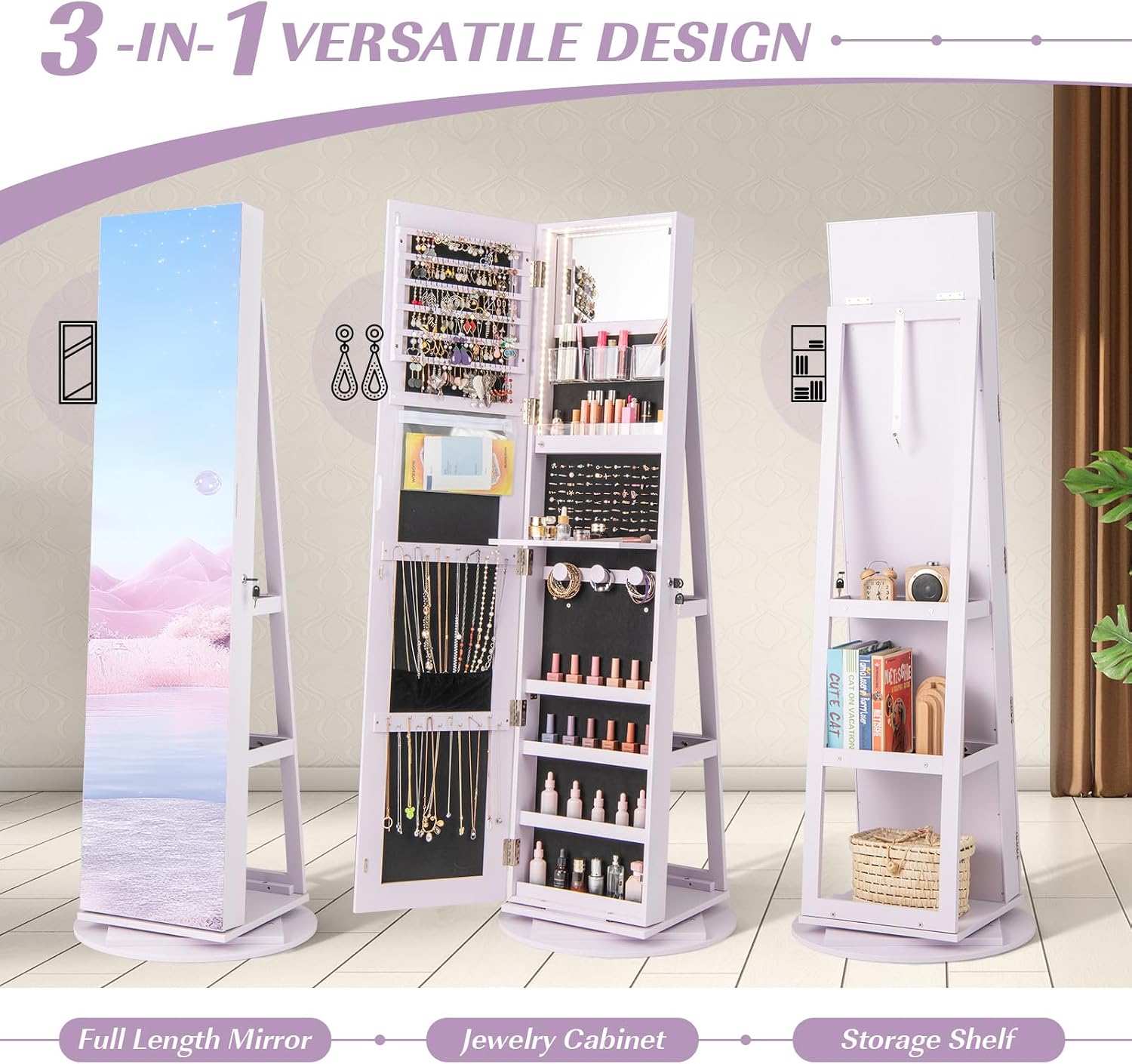 GOFLAME 360° Rotating Jewelry Cabinet with Full-Length Mirror, Freestanding Jewelry Armoire with 3-Color LED Light and Back Storage Shelf, Lockable Jewelry Organizer for Bedroom Cloakroom, Lavender