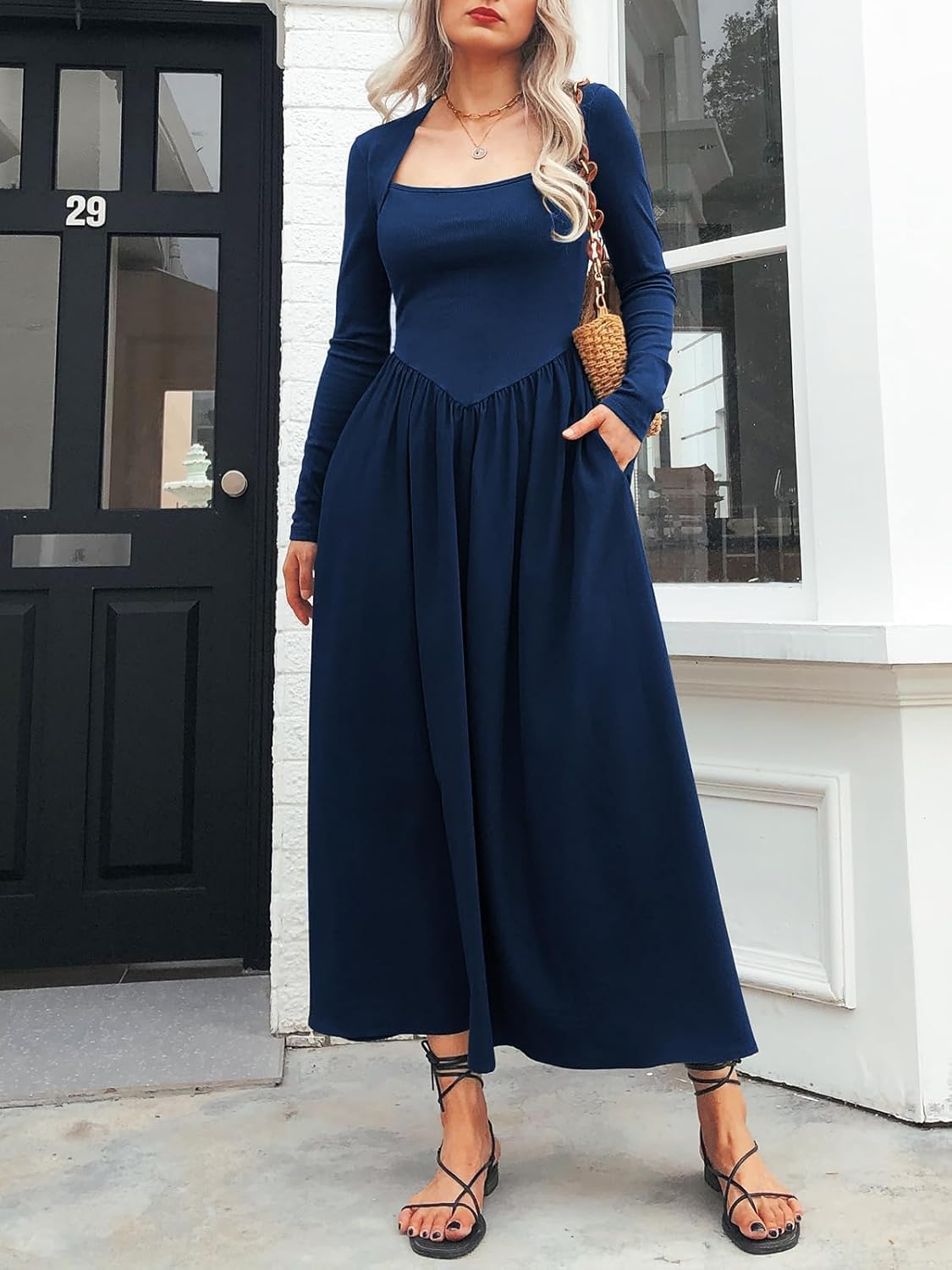 Women's Long Sleeve Maxi Dress Cotton Square Neck Casual Slim Solid Fall Winter Flowy Long Dresses with Pockets - Image 6
