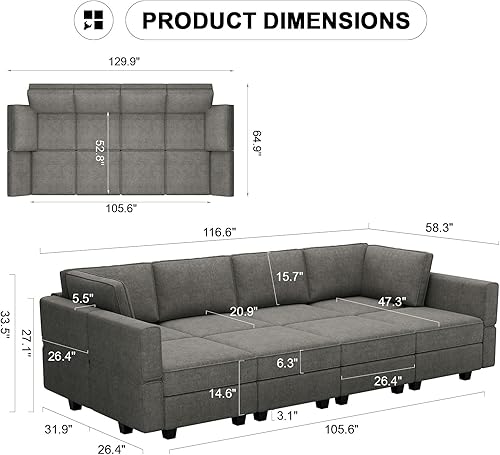 Miniatura 2 de Belffin - Sofá seccional modular con cama oculta, sofá seccional convertible para sala de estar. Sofá color gris claro