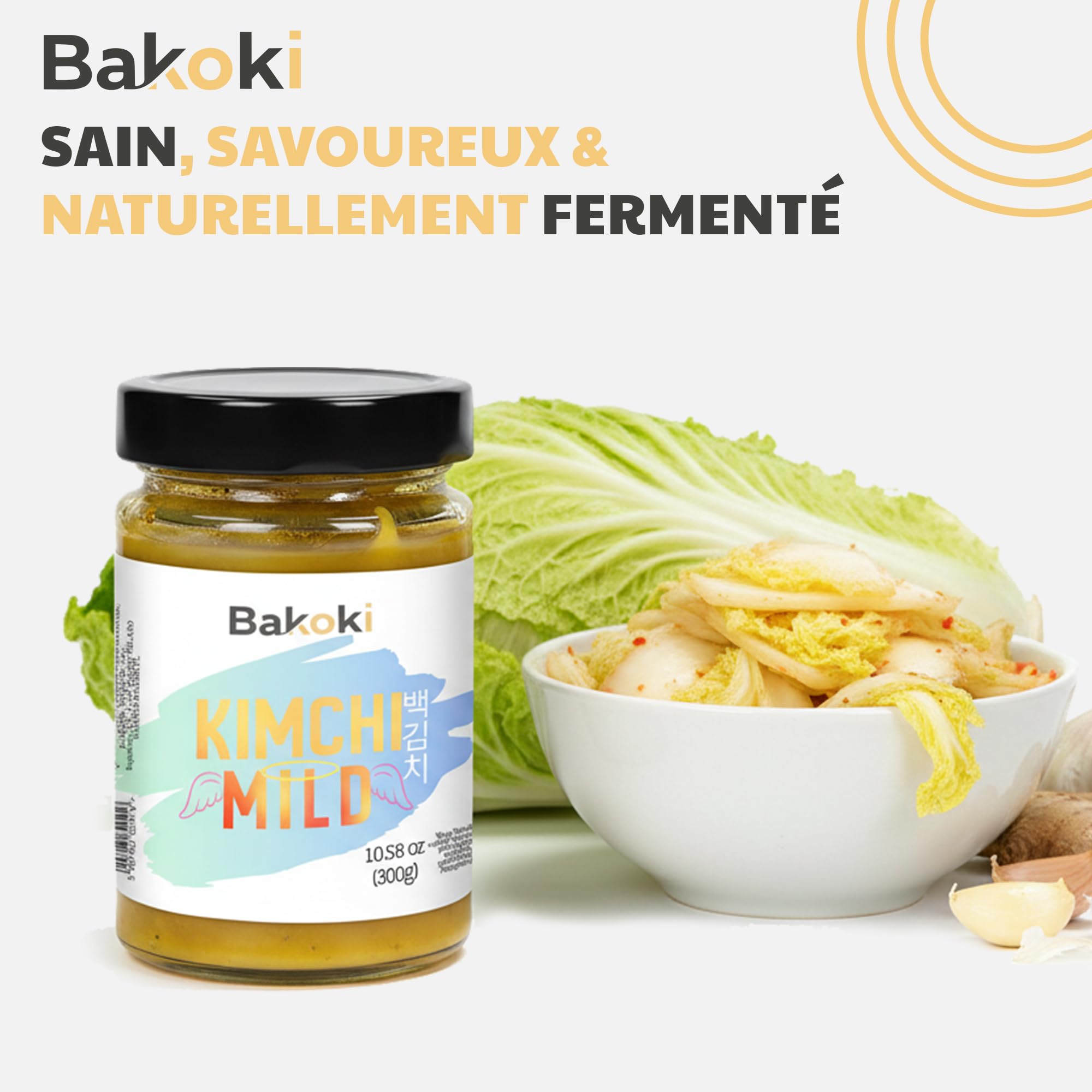 Bakoki 백김치 Baek‑Kimchi – Kimchi doux, sans piment, fermenté de manière traditionnelle au curcuma – 2 × 300 g (idéal pour le déjeuner, les bowls et les accompagnements)
