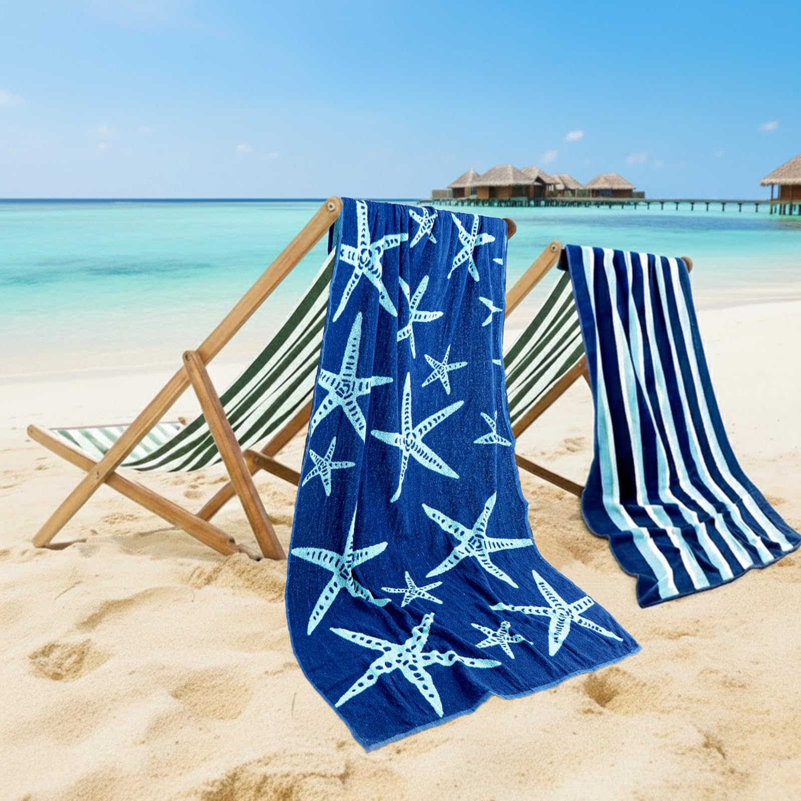 CASA COPENHAGEN Miami bath towels, set of 2, made of cotton, quick-drying and durable, 88 x 177 cm - Starfish Navy Blue + Turquoise striped
