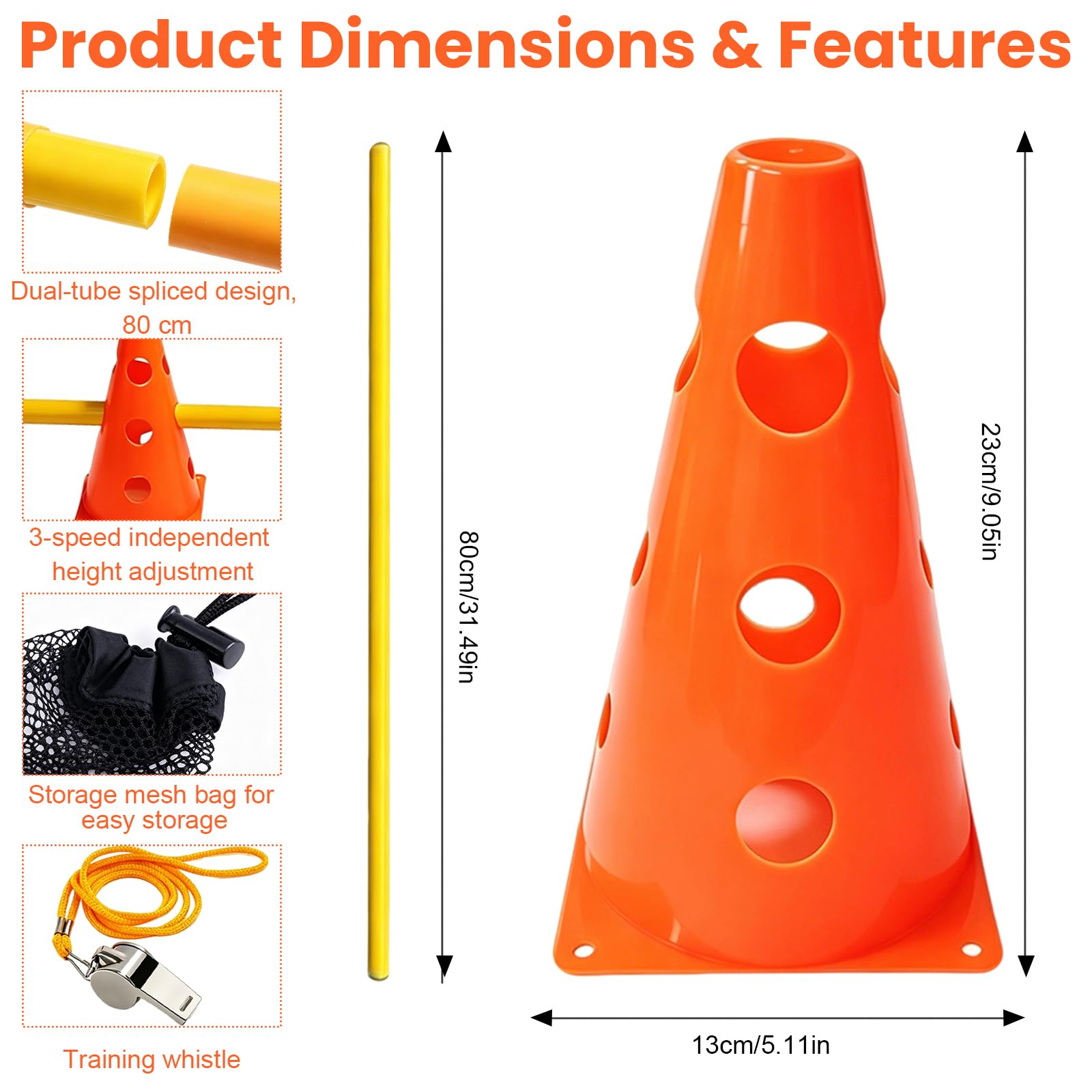 Set Agility per cani e bambini, set di ostacoli sportivi con 8 coni (23 cm) + 4 aste (80 cm), allenamento di coordinazione per cani, bambini, sport di squadra e calcio