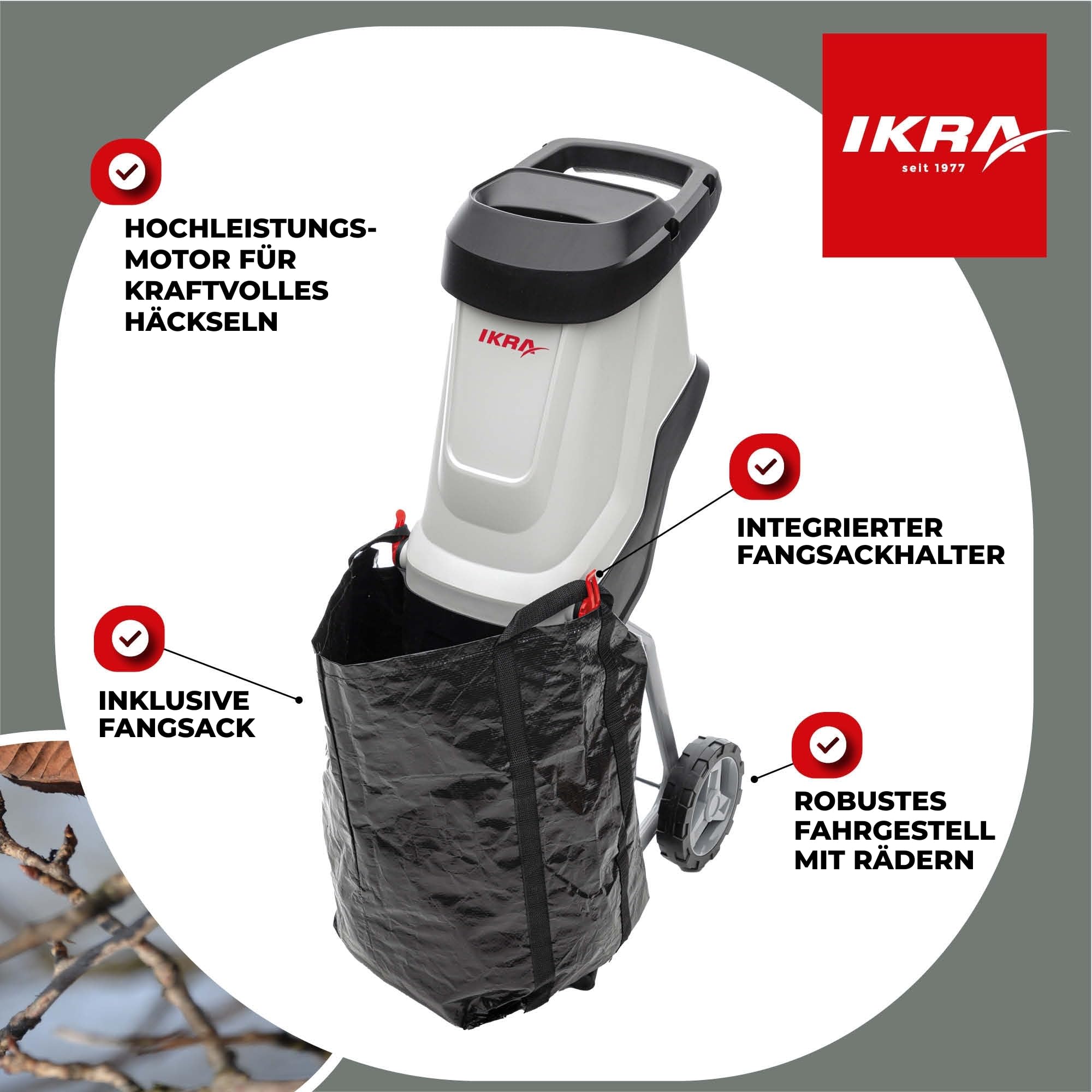IKRA IMH 2800 Elektro Gartenhäcksler, 2800W, 45mm Aststärke, inkl. Fangsack 45l