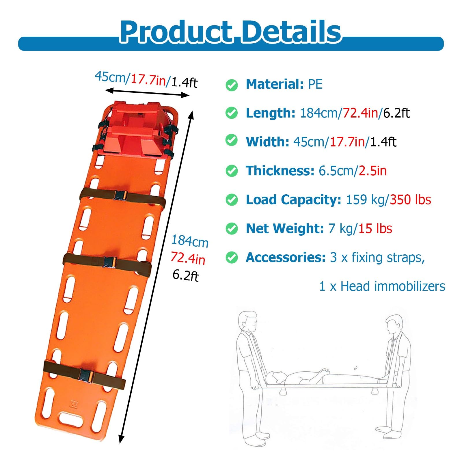 JYHHCYS Spine Board with Straps, Water Floating Stretcher with Head Immobilizer, Light Life-Saving Board for Patient Transport Emergency Rescue, Water Saving Equipment