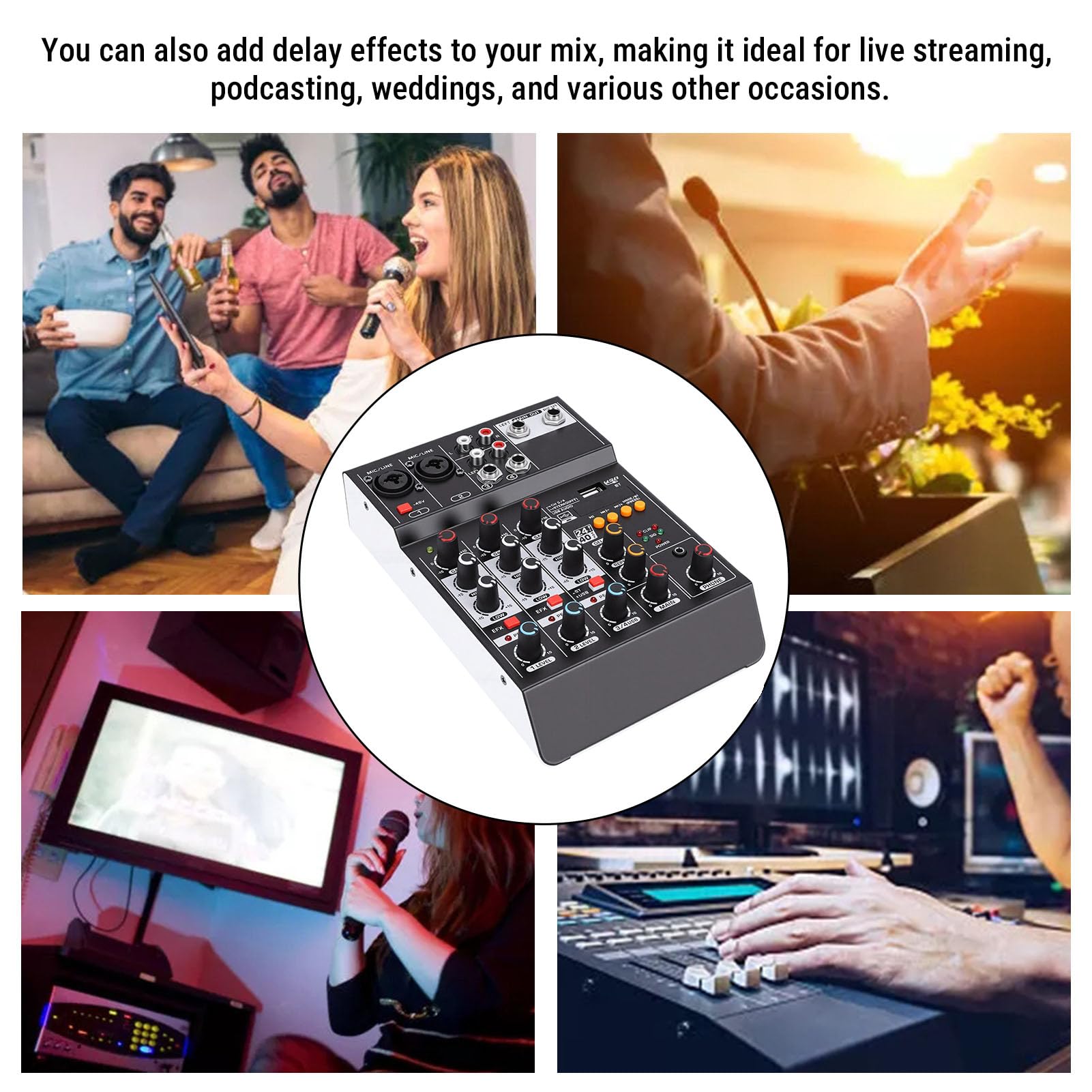 Fockety Mikser Dźwięku, USB MP3 Audio Mixer Płyta Dźwiękowa Konsola Miksująca 4-kanałowy 48V Power Stereo DJ Mixer Board do Nagrywania Komputerowego Studio Karaoke Transmisja na żywo