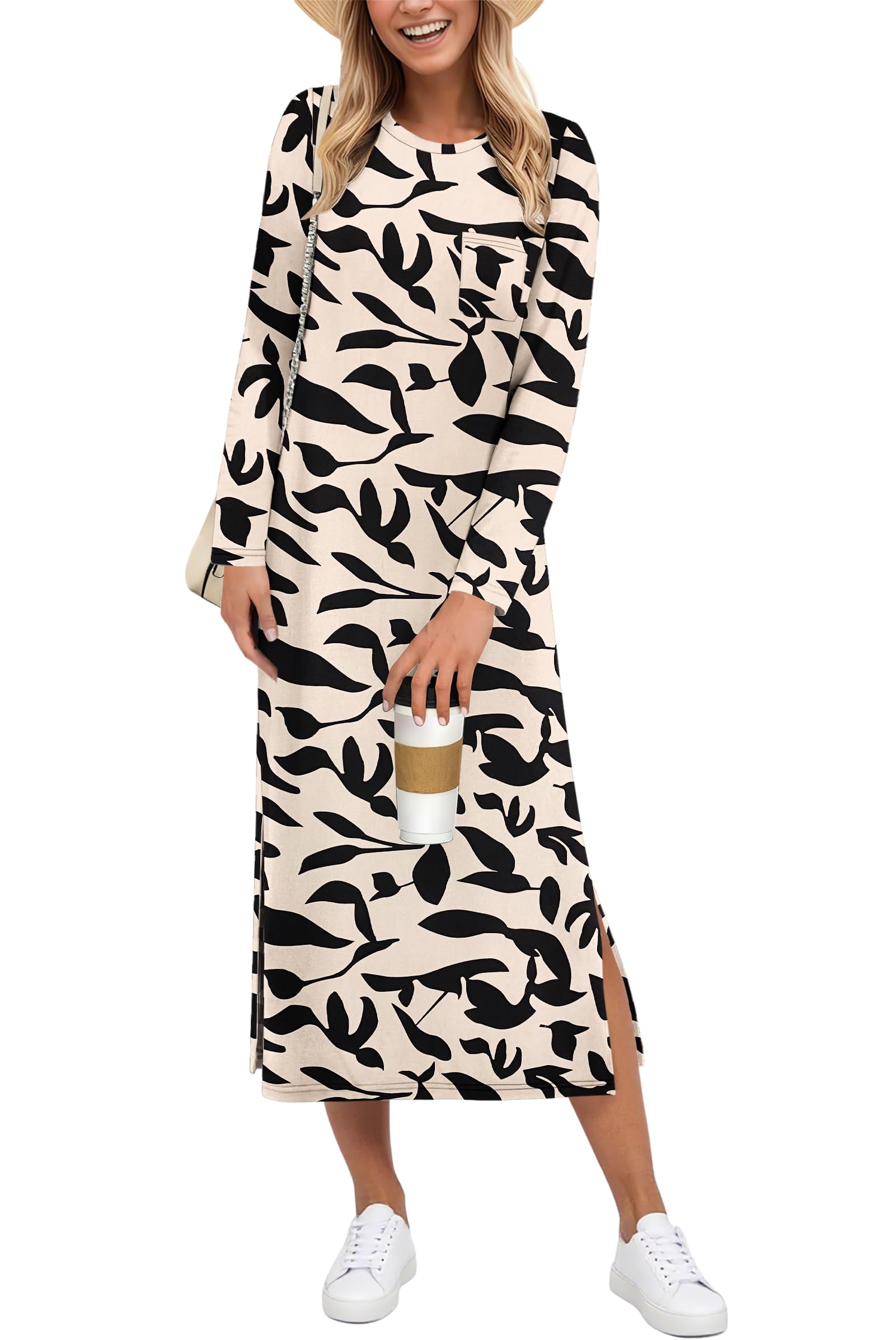 Auselily Women's Apricot Black Leaf Winter Dresses For Uk Maxi Split Loose Long Sleeve Dress Casual Dresses 2XL