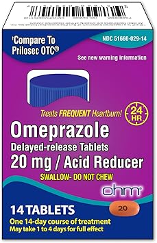 Ohm Omeprazole 20mg, 14 Delayed-Release Tablets (2 Weeks Supply) Acid Reducer for Frequent Heartburn, 24-Hour Relief, Heartburn Medicine to Help Relieve Stomach & Chest Discomfort