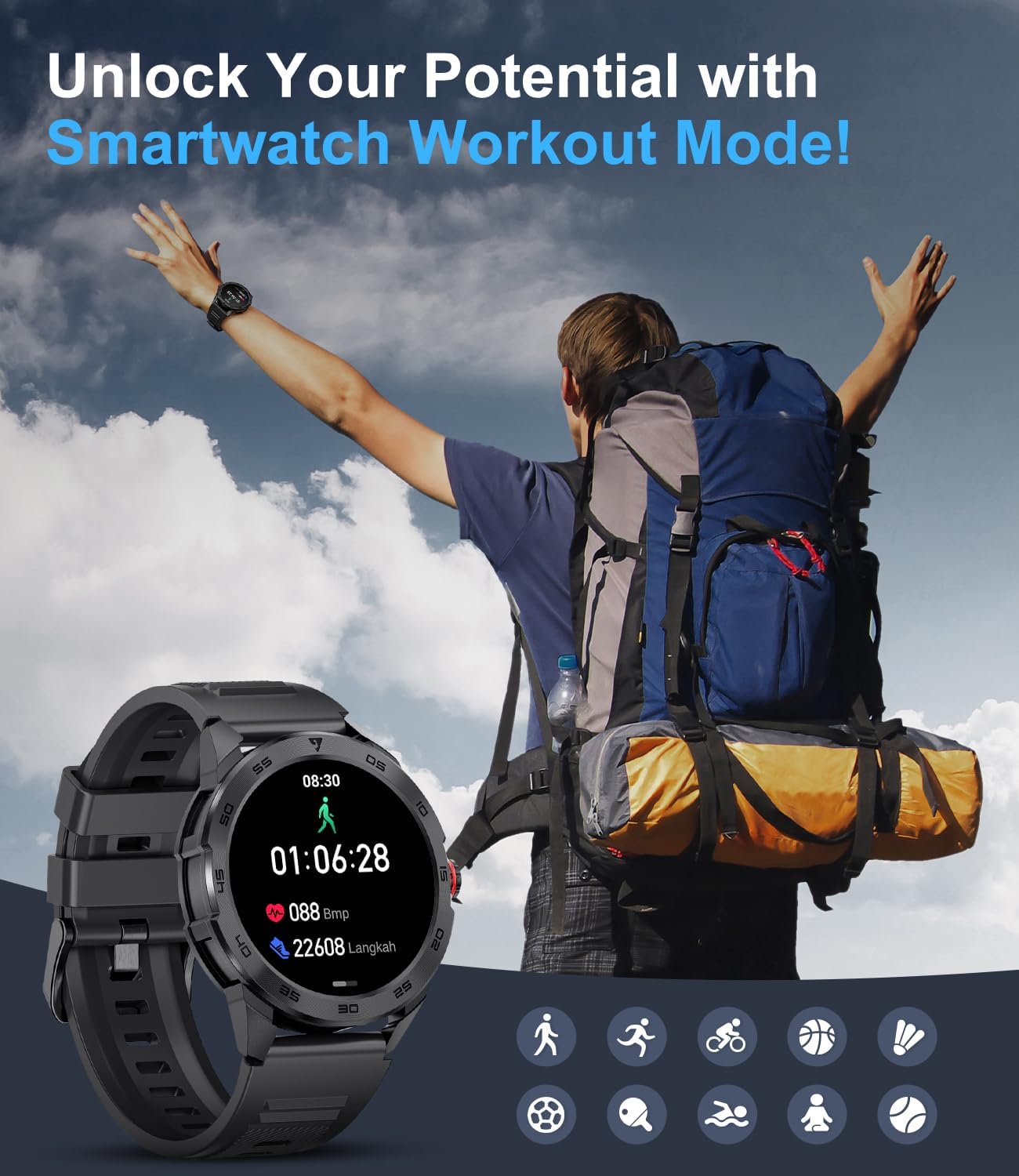 Person hiking with the LIGE Smart Watch, showing a workout mode interface with duration, heart rate, and steps.