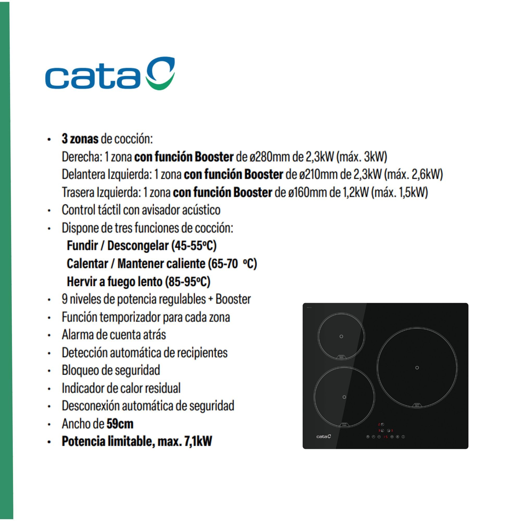 CATA Placa Inducción IB 6303 E2 BK, 3 Areas Cocción, Control Tactil, 9 Niveles Potencia Regulable, Bloqueo Seguridad, Temporizador, Color Negro