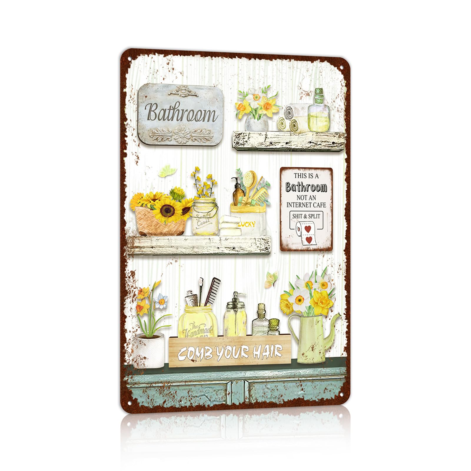 Vintage Farmhouse Bathroom Metal Tin Sign - Rustic Flower Wall Art, 8x12 Inches, Country Decor - View #4