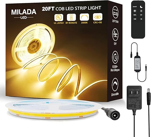 COB - Tira de luz LED de 3000 K, 20 pies19.7 ft, tira LED blanca cálida, tira regulable de alto lúmenes con control remoto RF de 24 V, adaptador