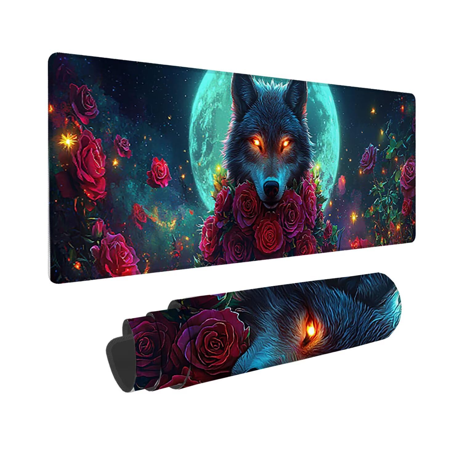 Podkładka pod mysz do gier XXL duża mysz 1200 x 500 mm duża podkładka pod biurko z antypoślizgową gumową podstawą dla graczy, poprawia precyzję i szybkość (wilk księżyc) o-914