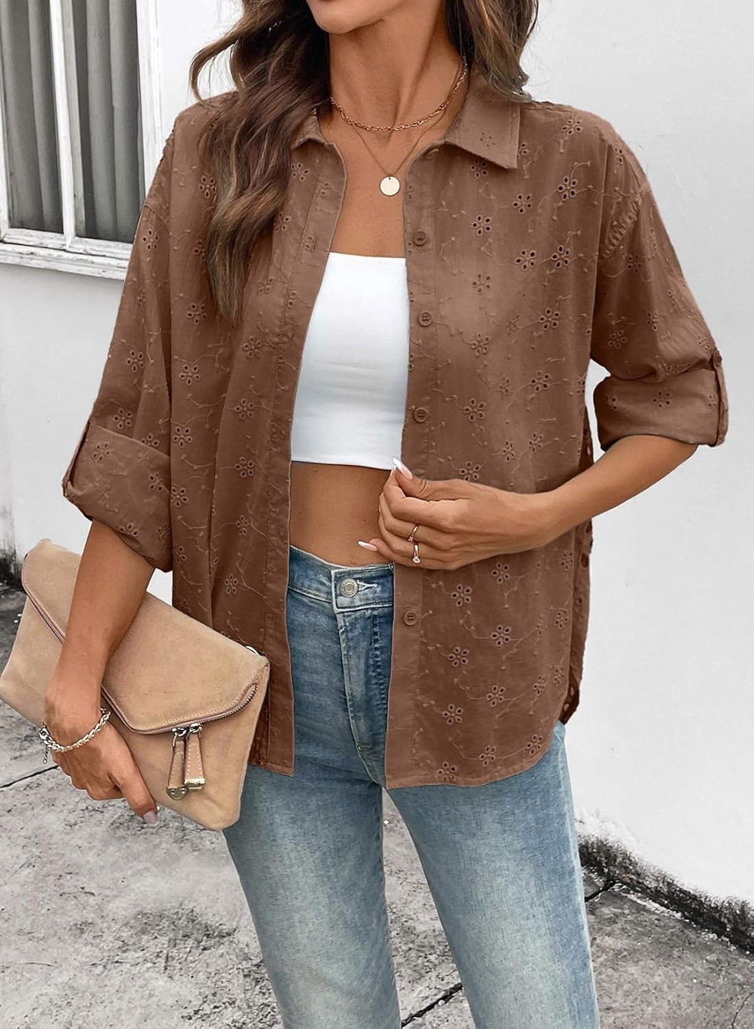 Dokotoo Womens Summer Tops Casual Button Down Long Sleeve Shirts for Women Loose Soft Cotton Hollow Out Blouses - Image 3