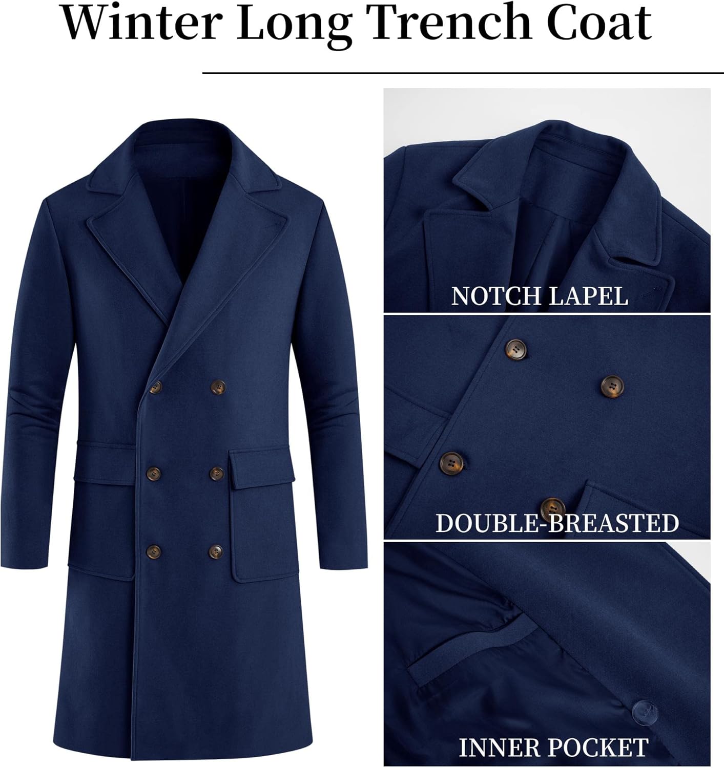 Mens Trench Coat Slim Fit Double Breasted Long Overcoat Classic Fall Winter Topcoat - Image 5