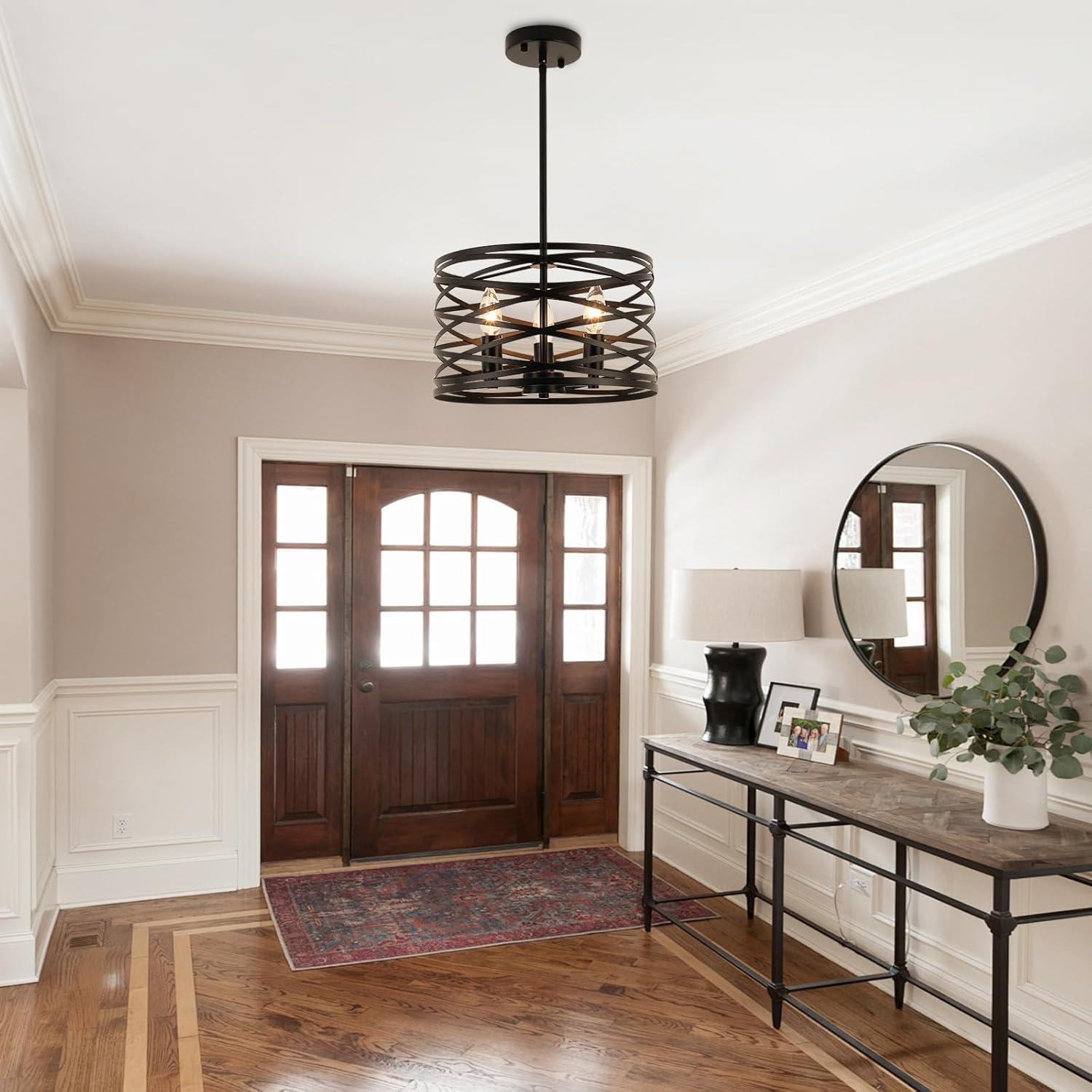 Farmhouse Chandeliers for Dining Room, 3-Light Pendant Lighting for Kitchen Island Black Drum Rustic Chandelier Ceiling Hanging Light Fixture Dining Room Light Fixture for Foyer Entryway Kitchen