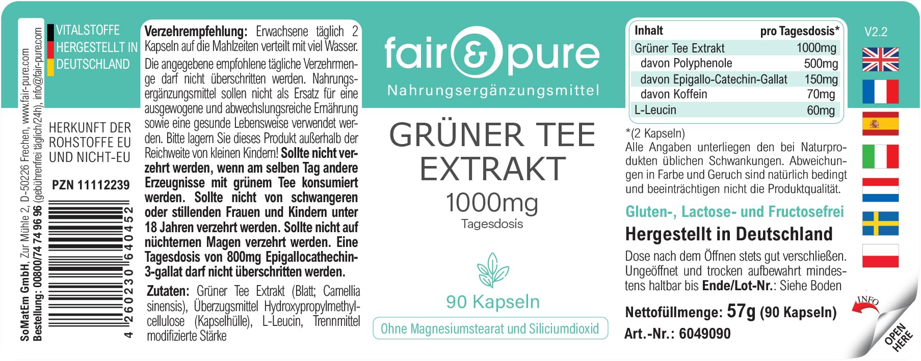 Fair & Pure® - Estratto di tè verde 1000 mg (Camilla sinensis) - 90 capsule - 50% polifenoli (tra cui EGCG) - vegano - senza magnesio stearato