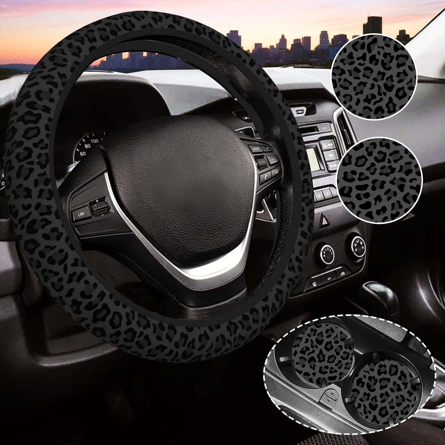 Black Leopard Print Cheetah Elastic Steering Wheel Cover for Women,Universal Auto Steering Wheel 14-15 Inch Car Interior Accessories with 2PCS Car Coasters,Suitable for Men and Women