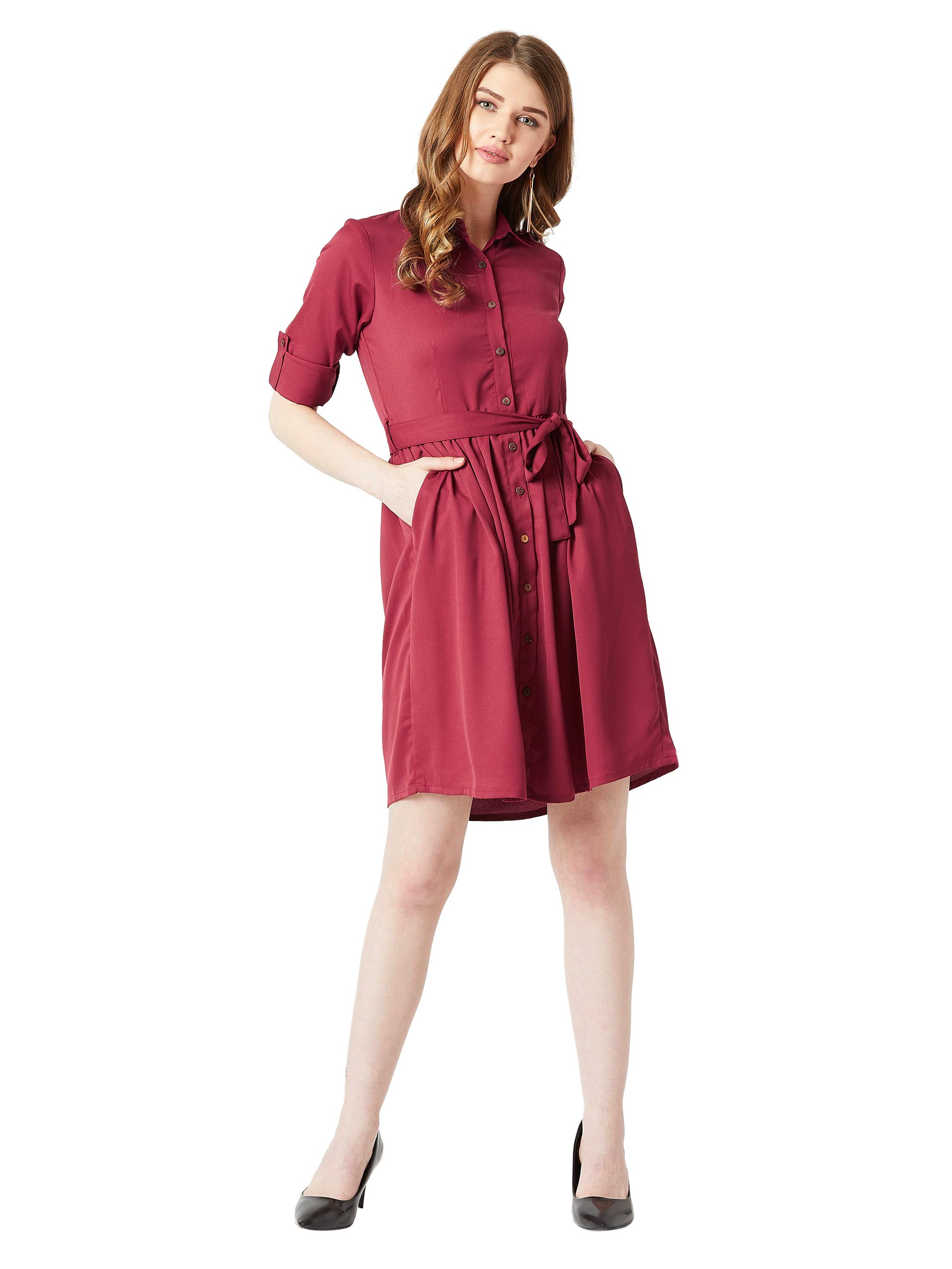 Miss Chase Women's Maroon Solid Belted Shirt Dress(Mcaw18D12-38-143-05,Maroon,Large)