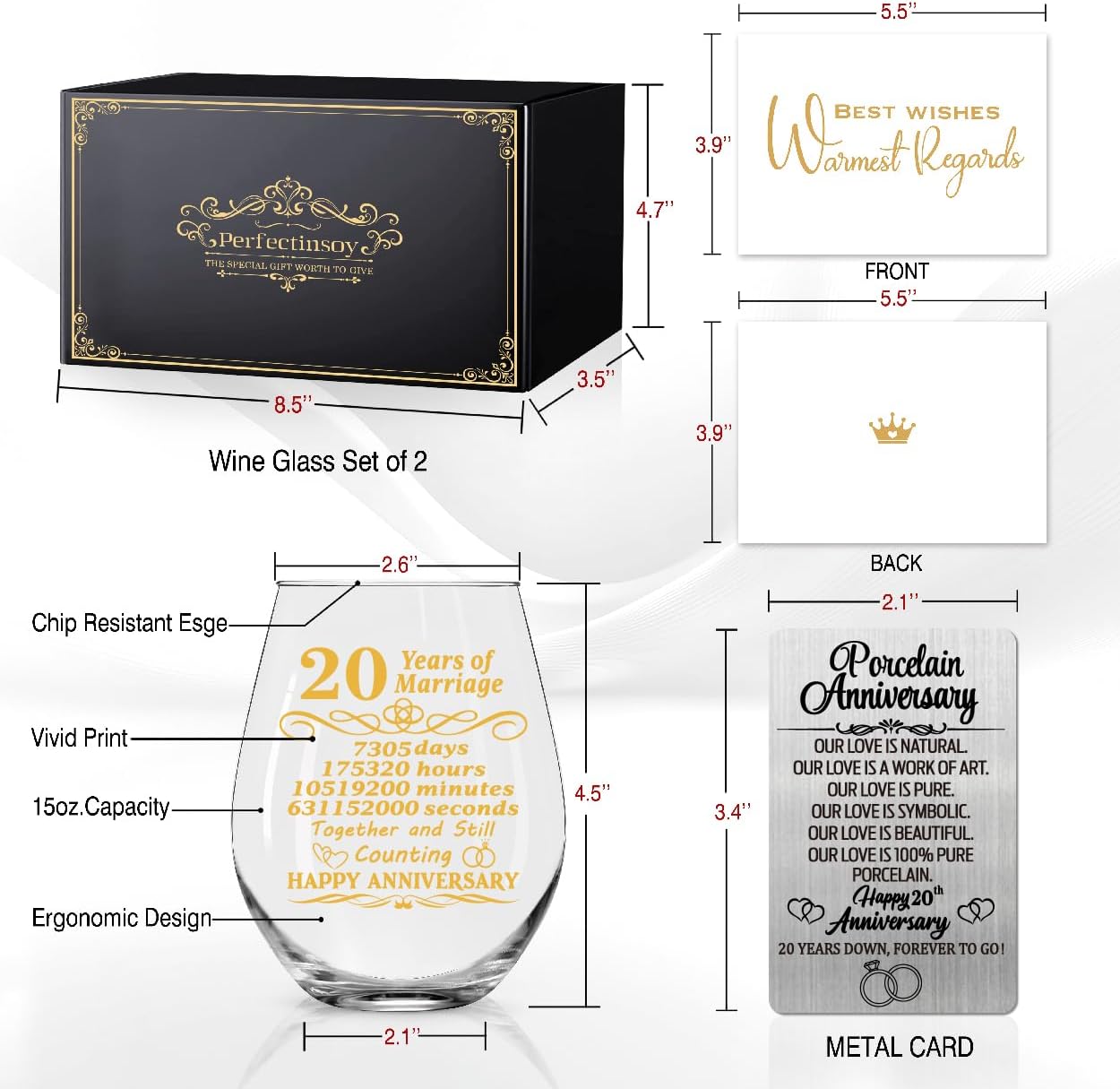 Perfectinsoy 20 Years of Marriage Wine Glasses Set of 2 with Metallic Memorial Card, 20th Birthday Wedding Gifts for Mom, Dad, Wife, Soulmate, Couple, Funny 20 Years Milestone Gift, Wedding Gift - Image 2