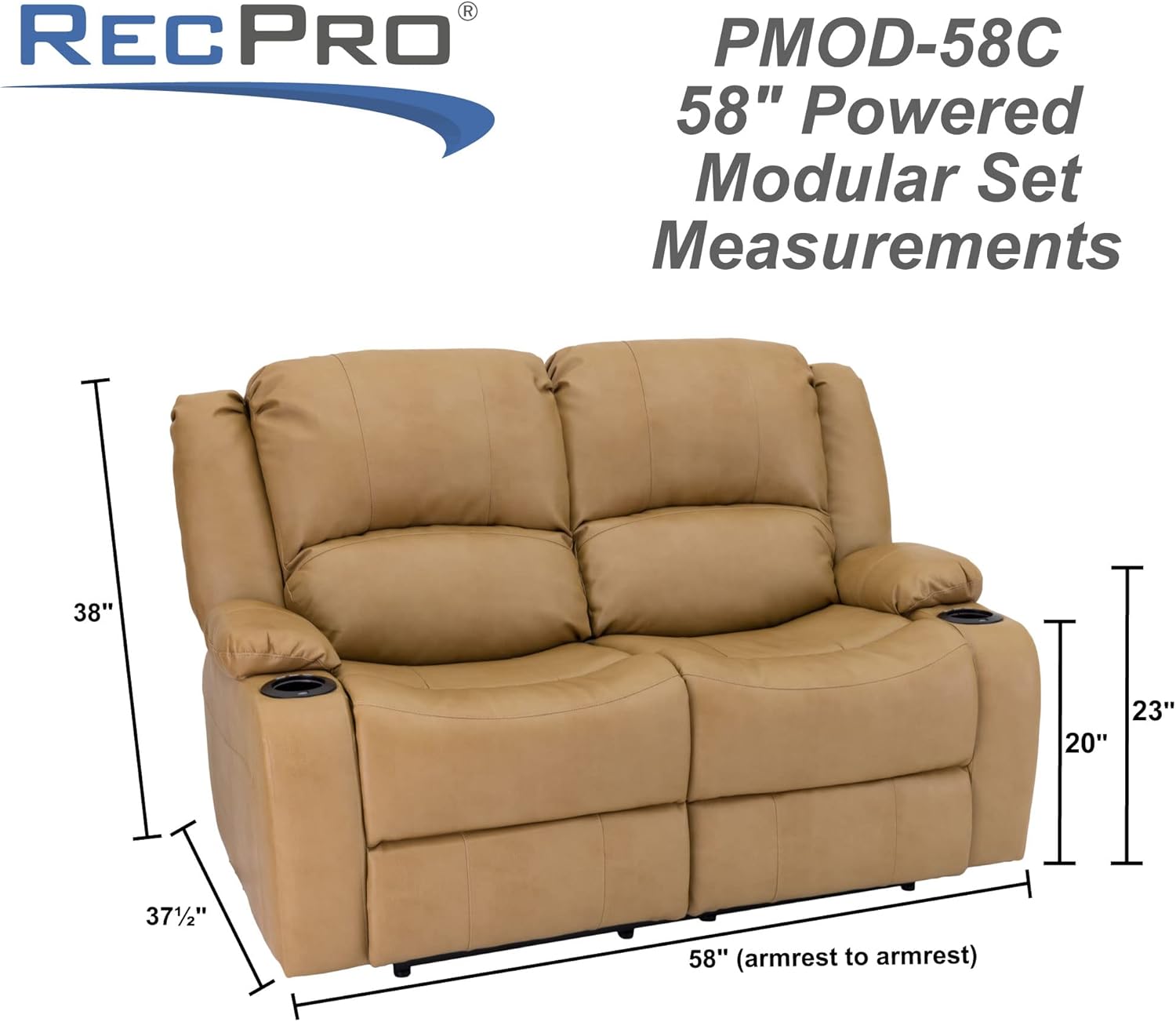 RecPro Charles 58" Powered Double RV Wall Hugger Recliner Sofa RV Loveseat with Upgraded 2023 Fabric (Toffee)