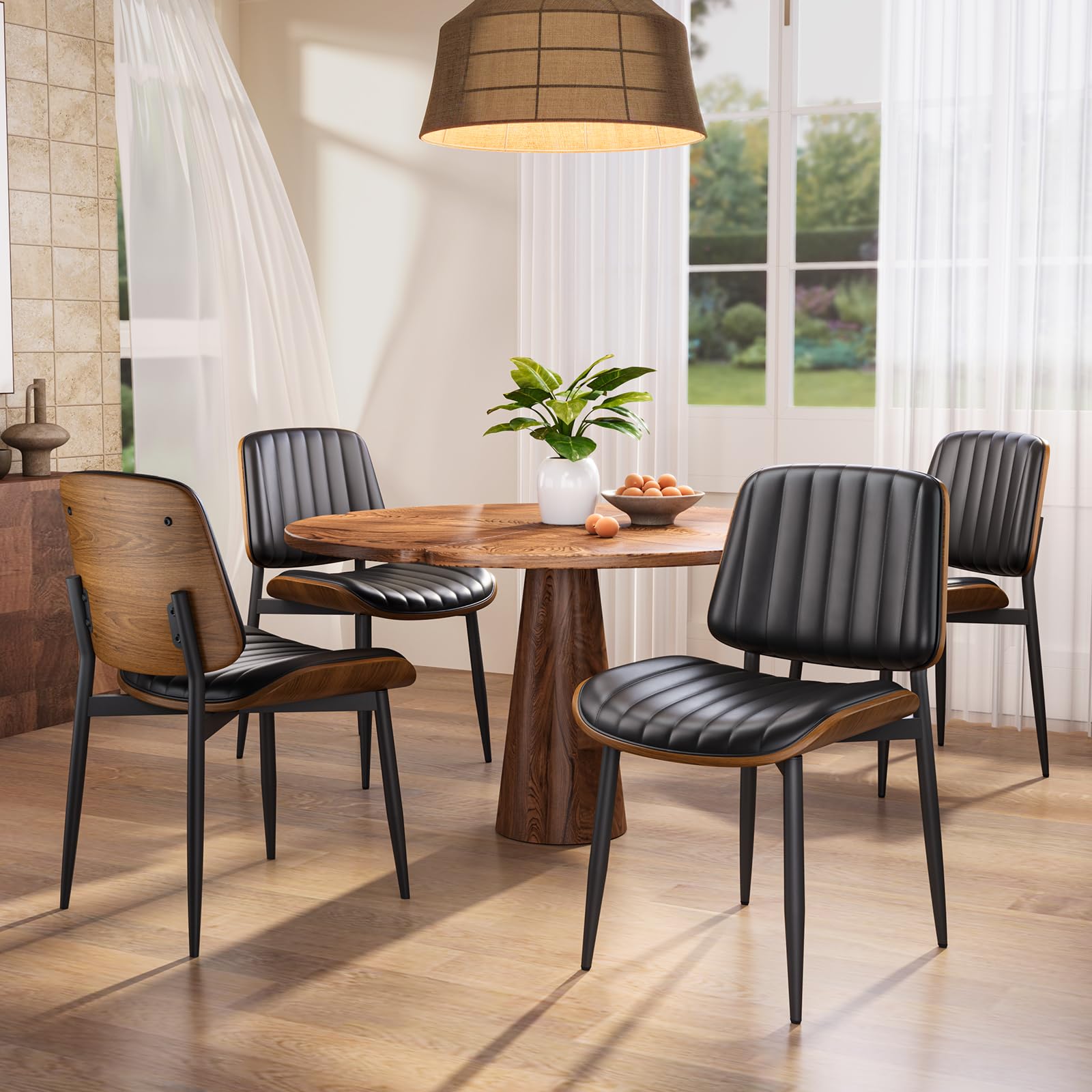 YaFiti Dining Chairs Set of 4, FSC Certified Mid Century Modern Dining Room Kitchen Chairs, Upholstered PU Leather Vertical Stripe Chairs for Vanity